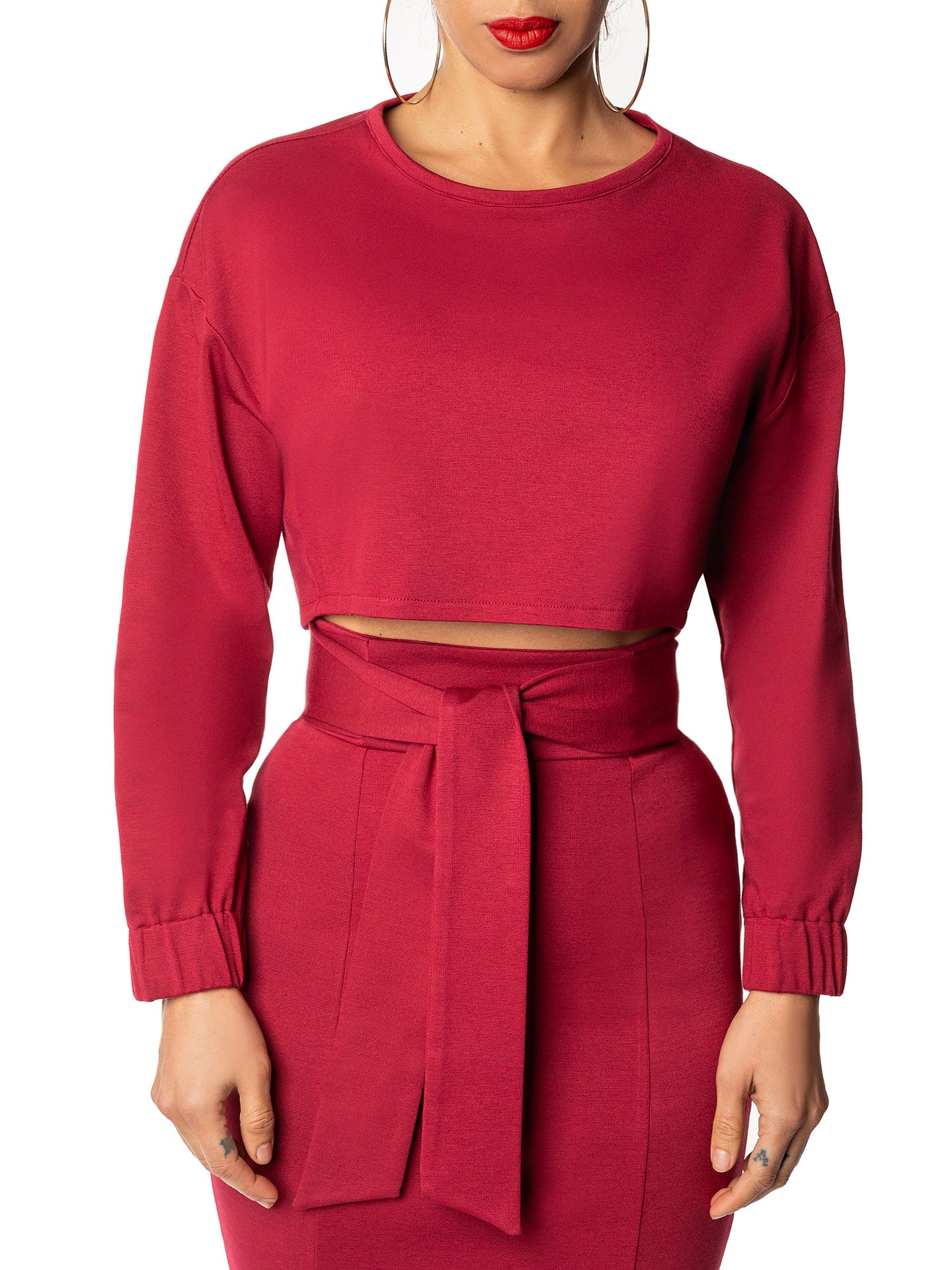 "Gina" Burgundy Long Sleeve Crop Top - Image 3