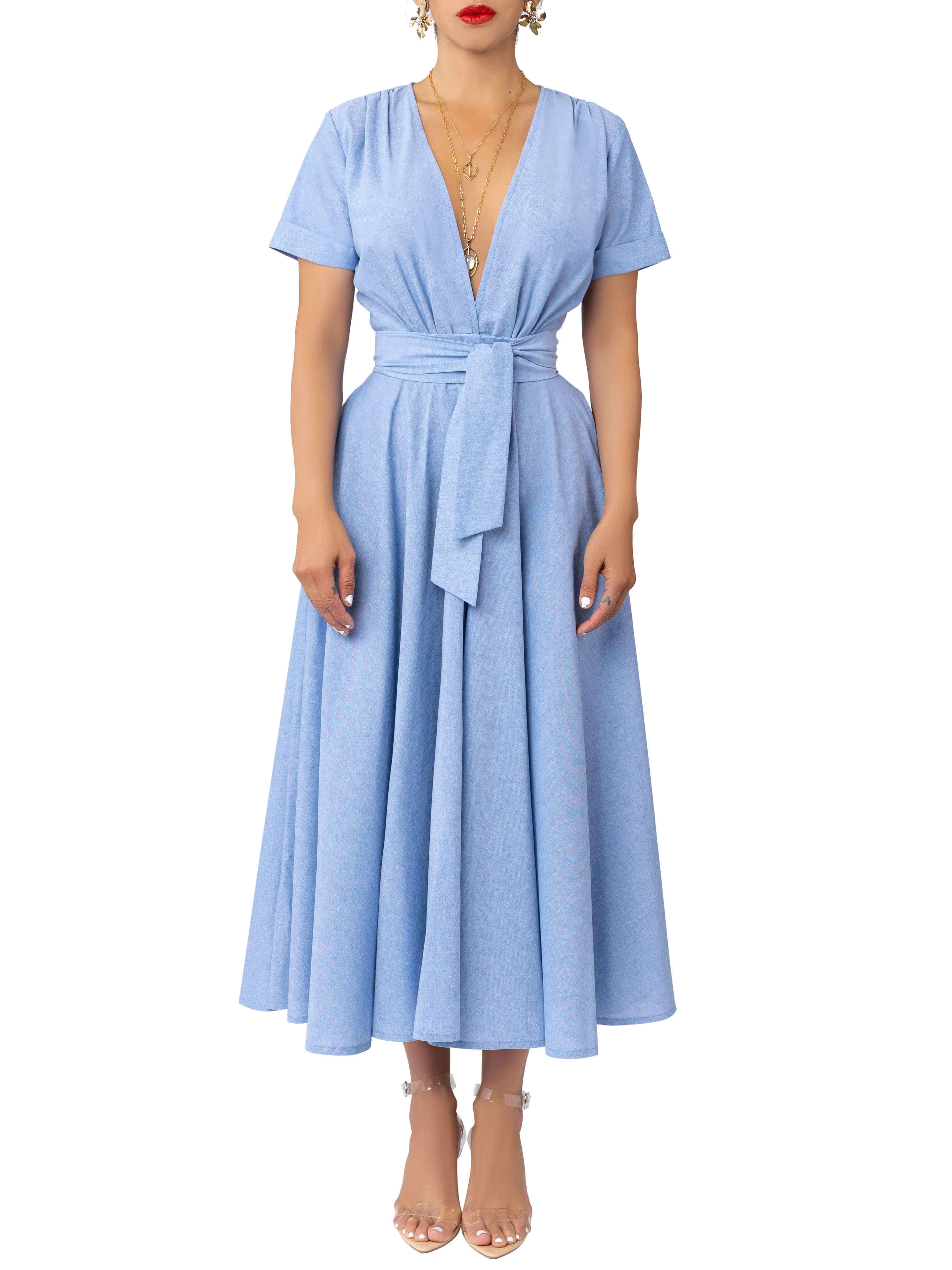 "Harbor" Chambray Gathered Midi Dress - Image 4