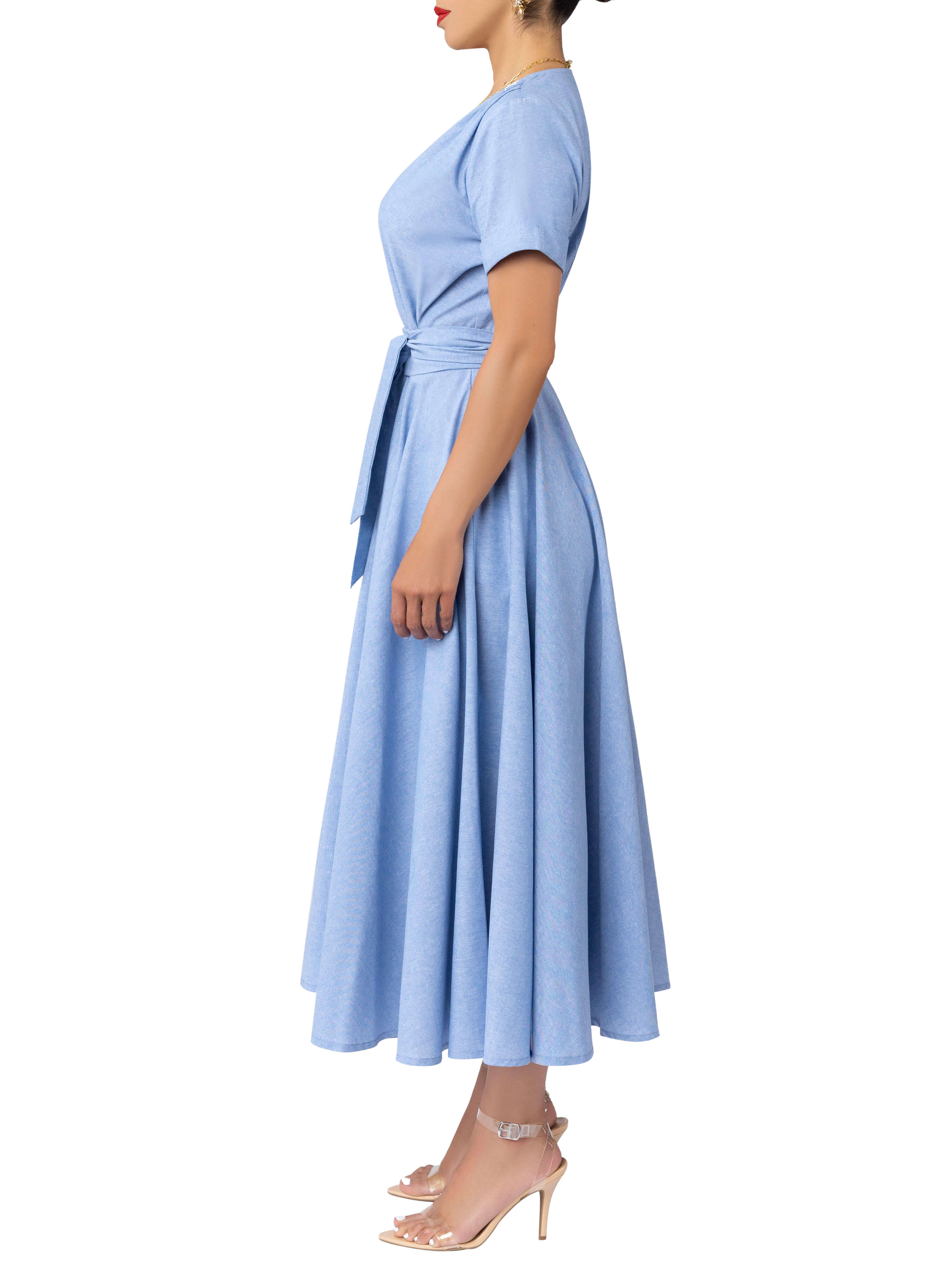 "Harbor" Chambray Gathered Midi Dress - Image 5