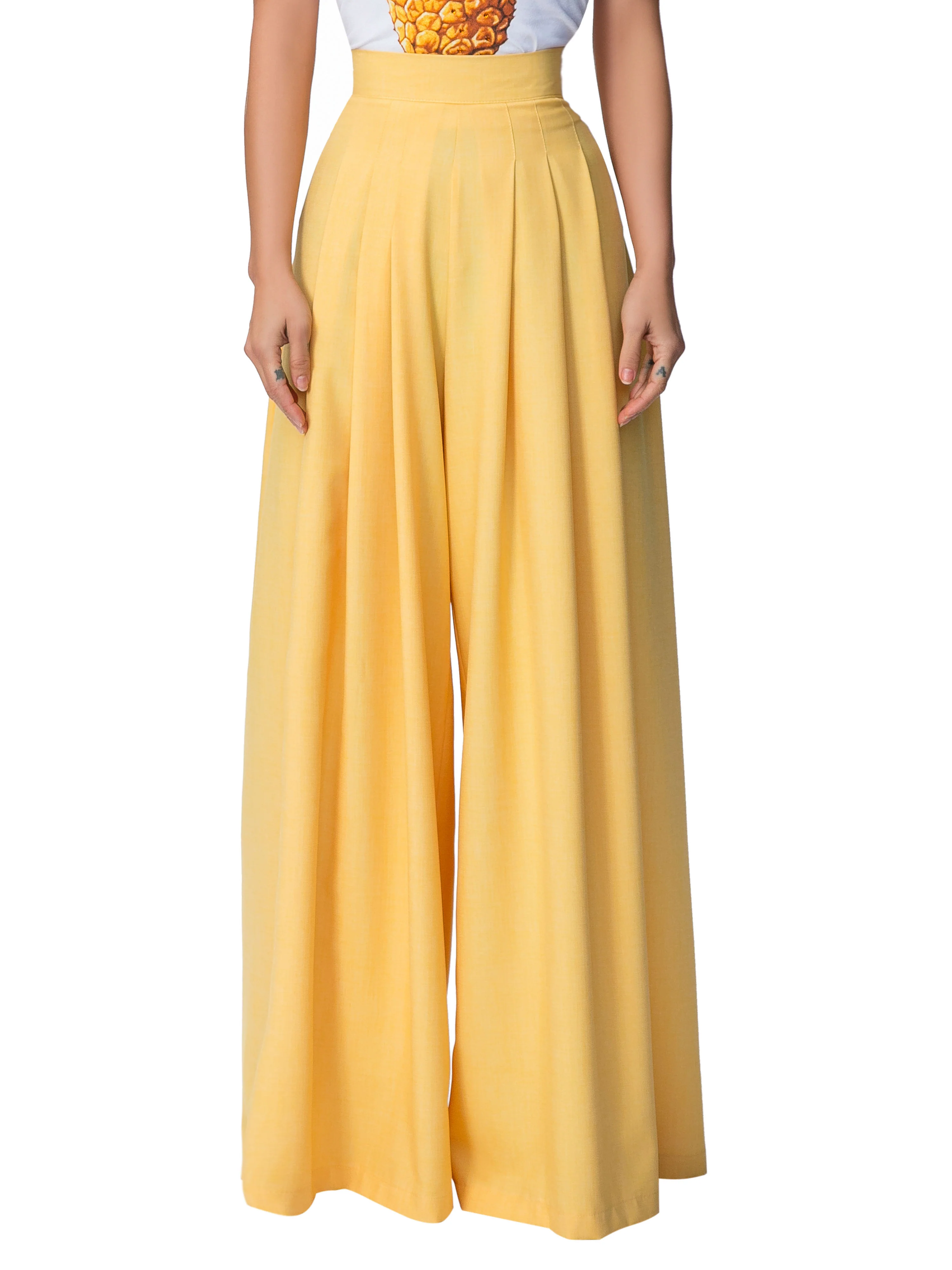 "Hendrix" Yellow Pleated High Waist Pants - Image 3