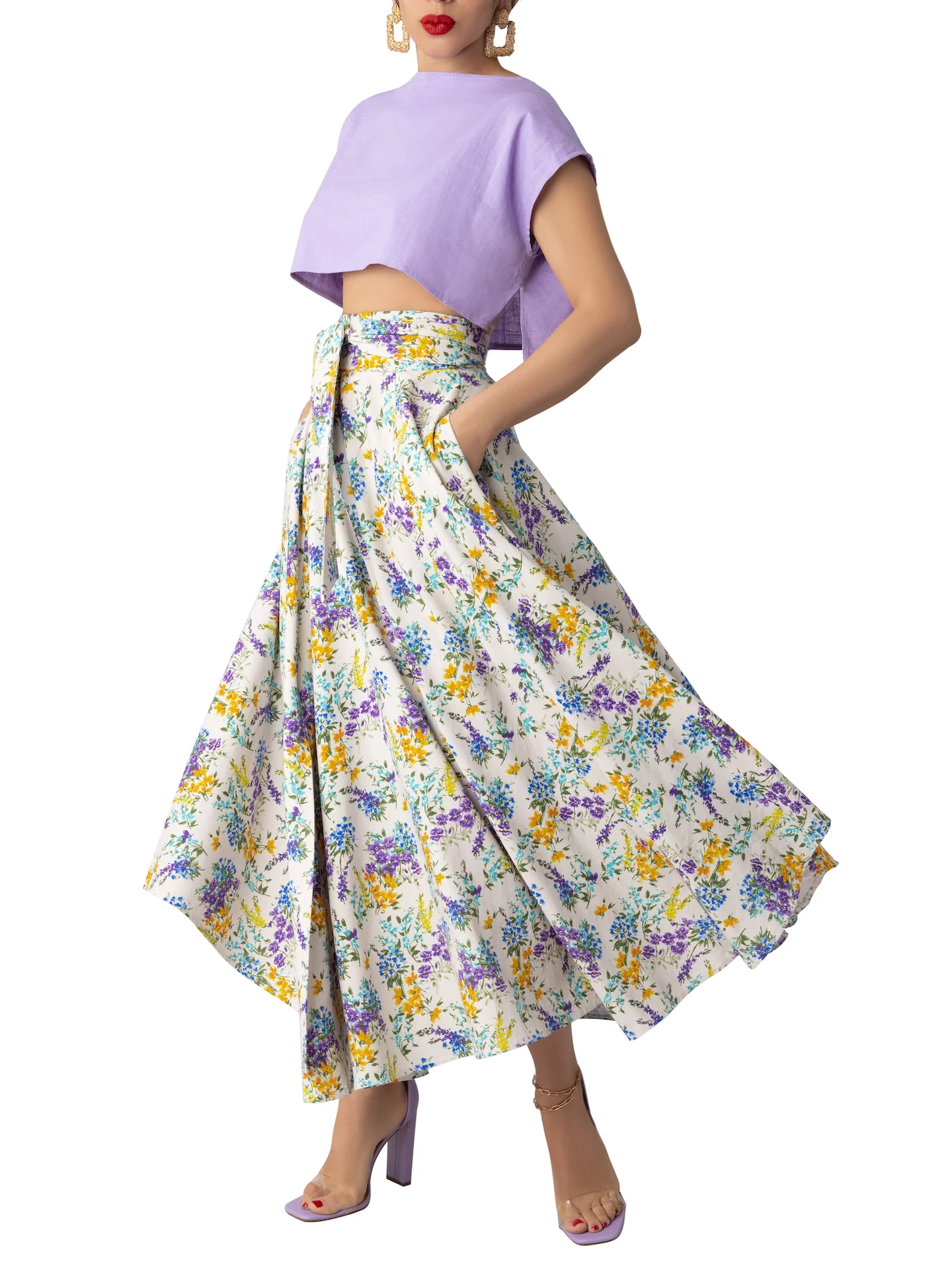 "Hydrangea" Belted Floral Swing Skirt - Image 3