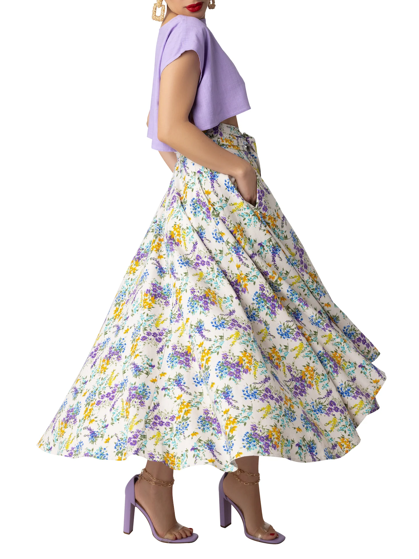 "Hydrangea" Belted Floral Swing Skirt - Image 5