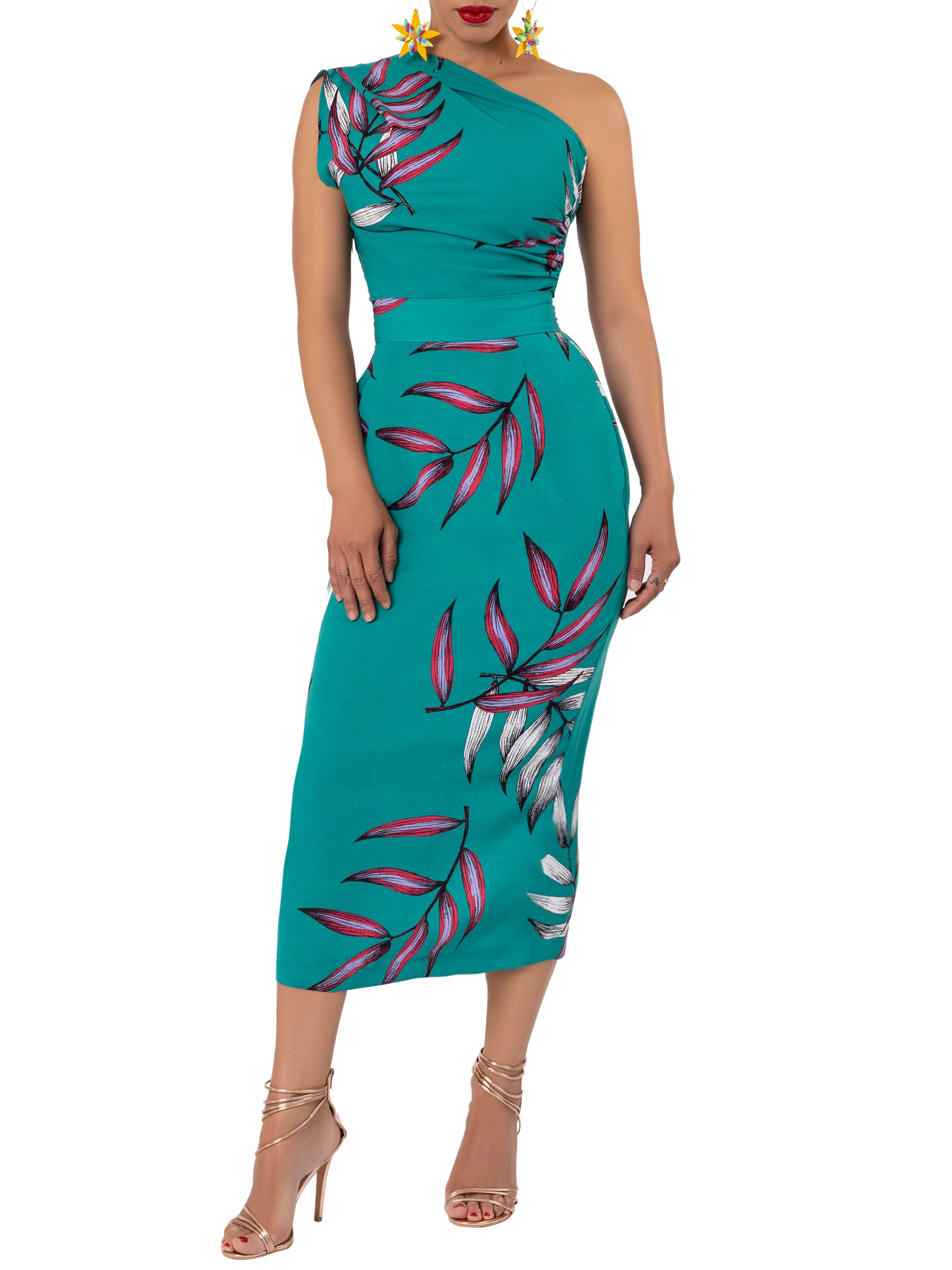"Indra" Jade Print One Shoulder Dress