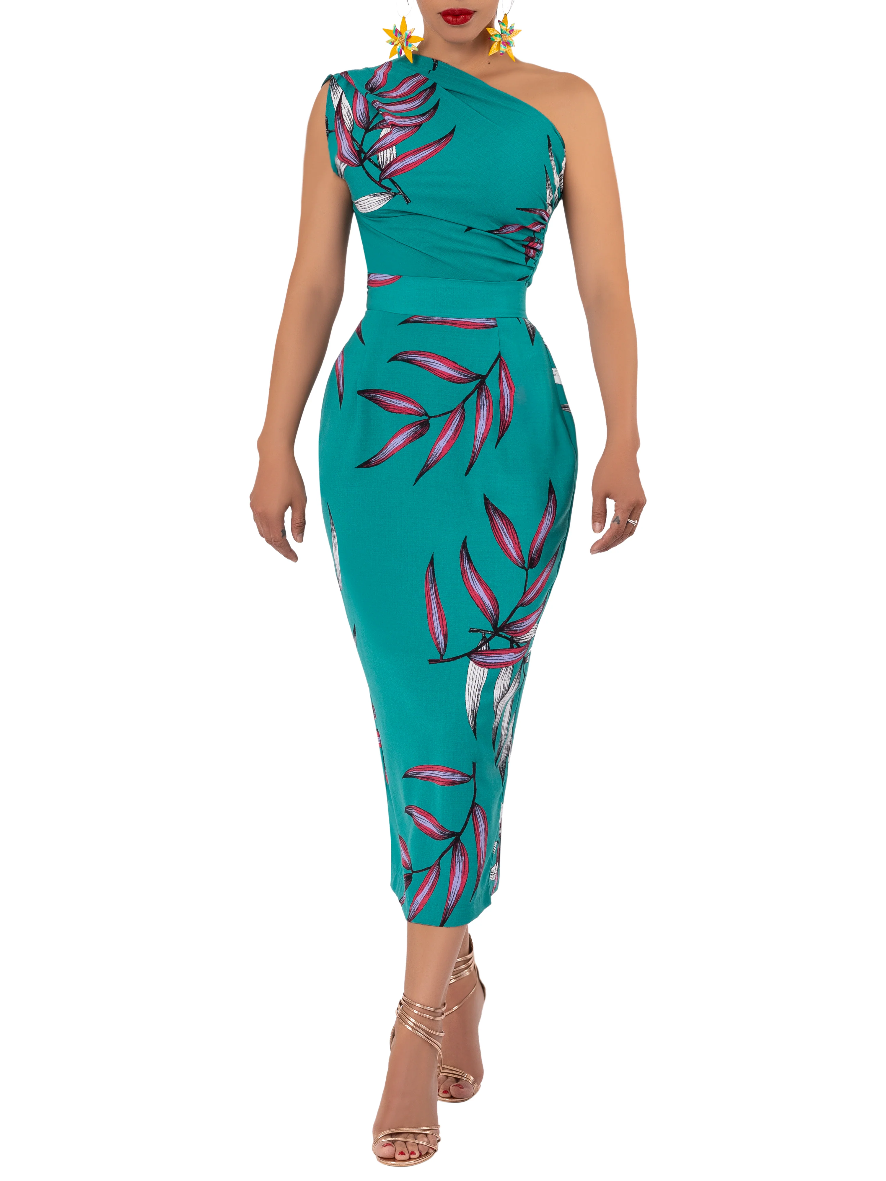 "Indra" Jade Print One Shoulder Dress - Image 2