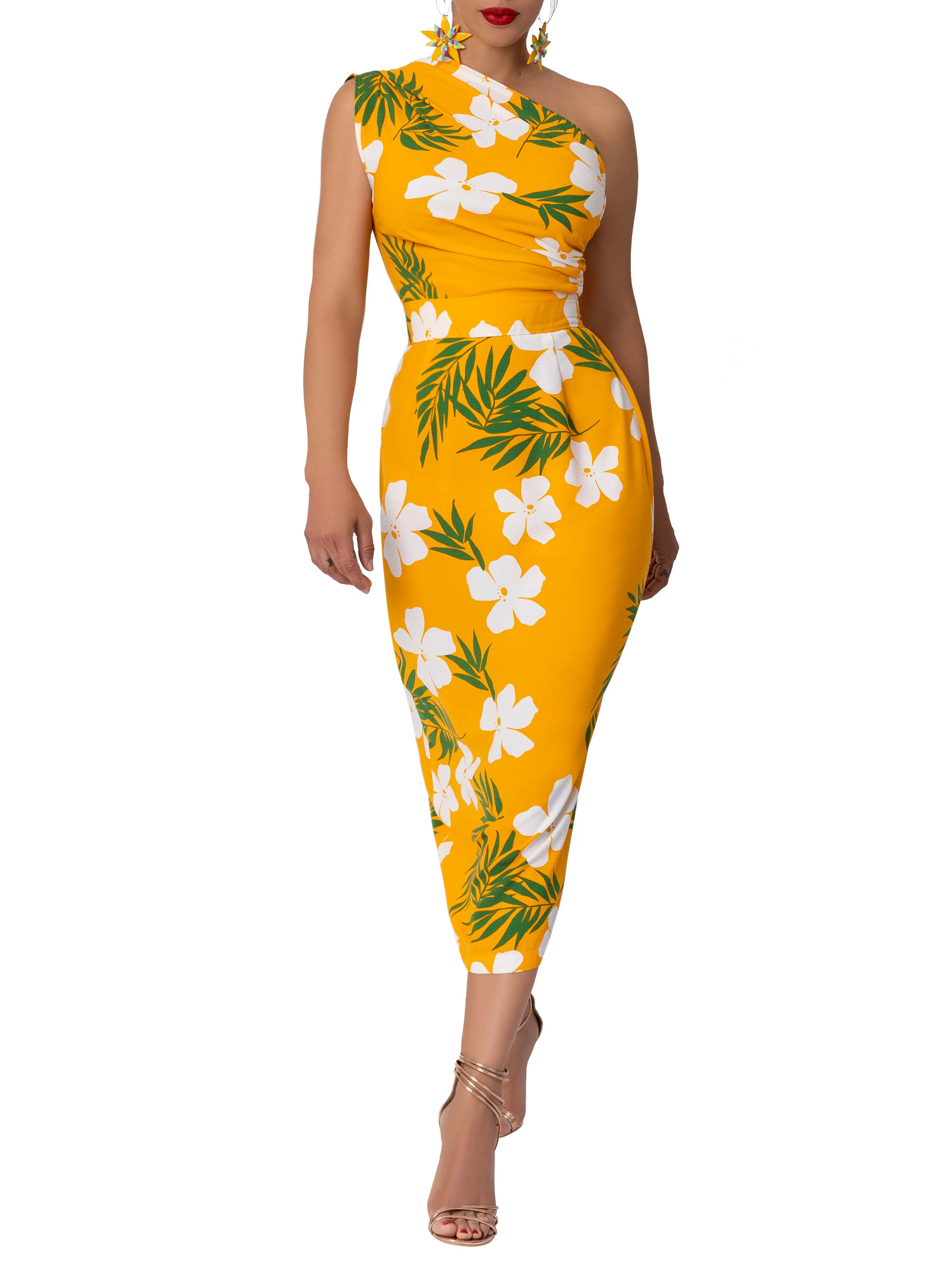 "Indra" Yellow Tropical Print One Shoulder Dress