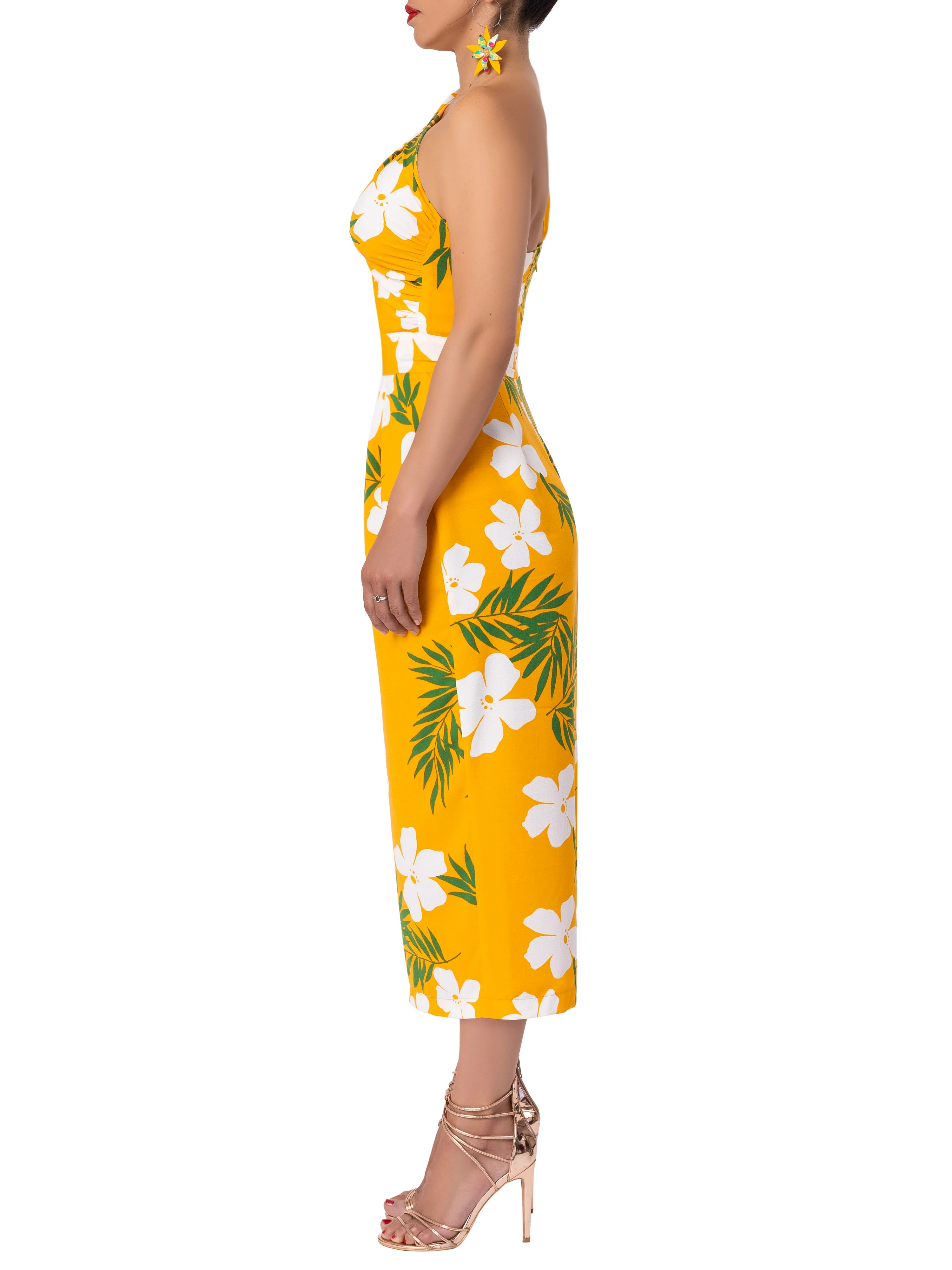 "Indra" Yellow Tropical Print One Shoulder Dress - Image 4