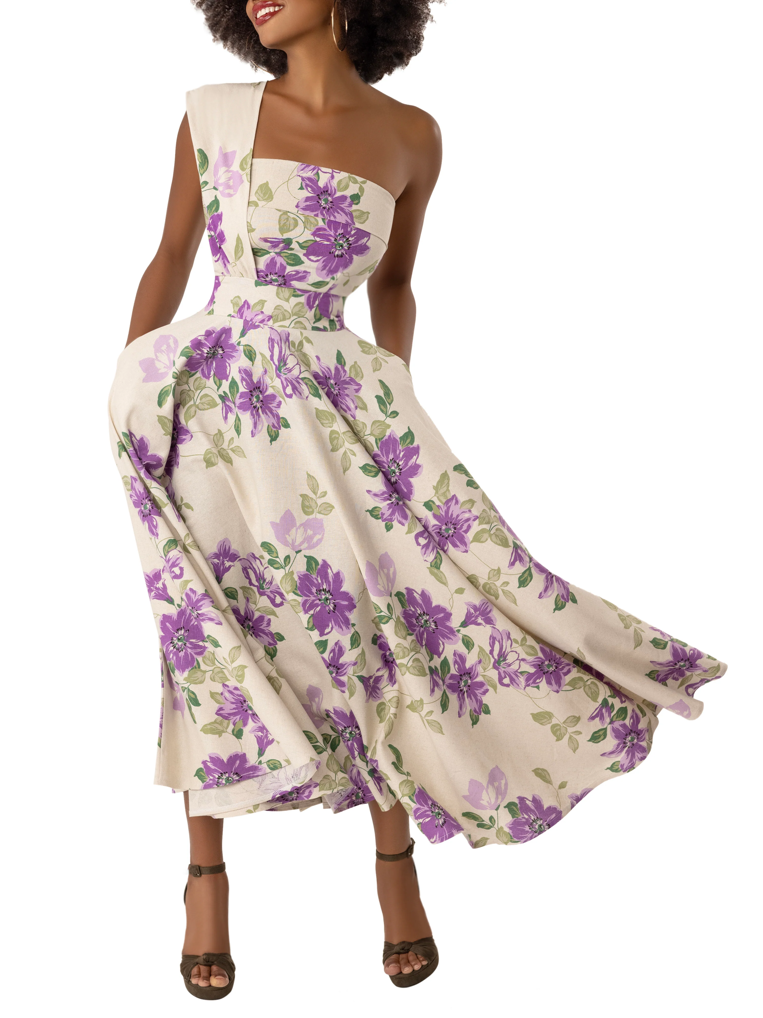 "Inez" Floral Lilac One Shoulder Swing Dress - Image 3