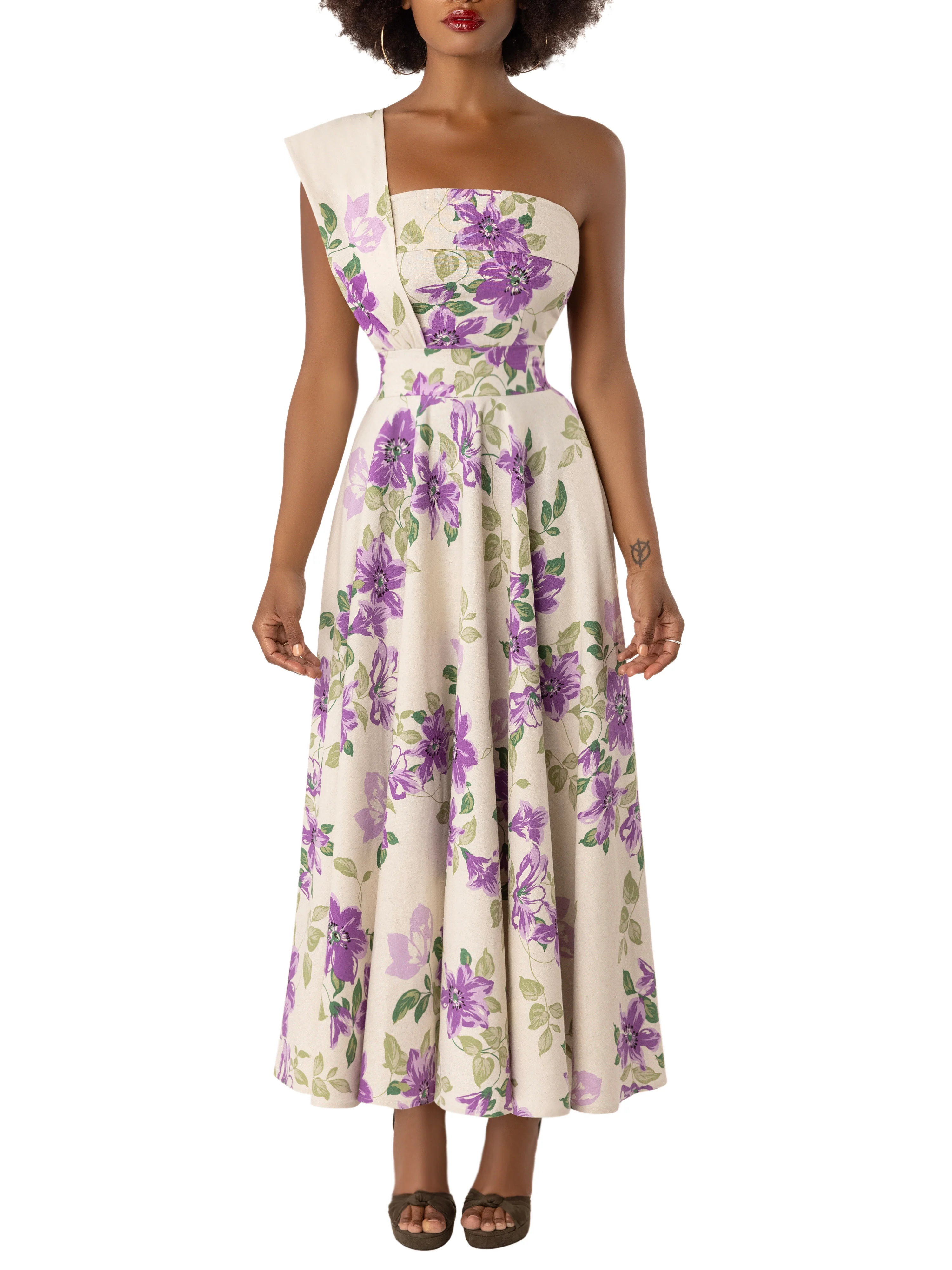 "Inez" Floral Lilac One Shoulder Swing Dress - Image 4