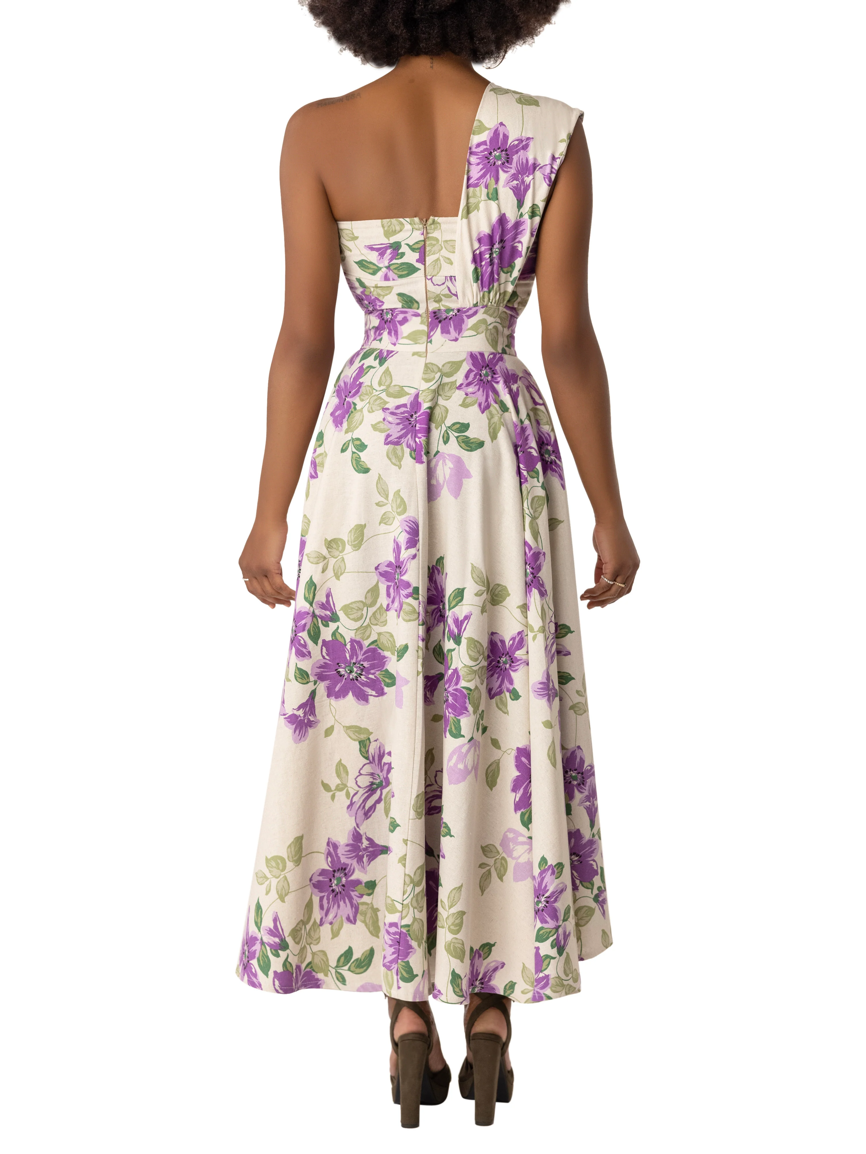 "Inez" Floral Lilac One Shoulder Swing Dress - Image 6