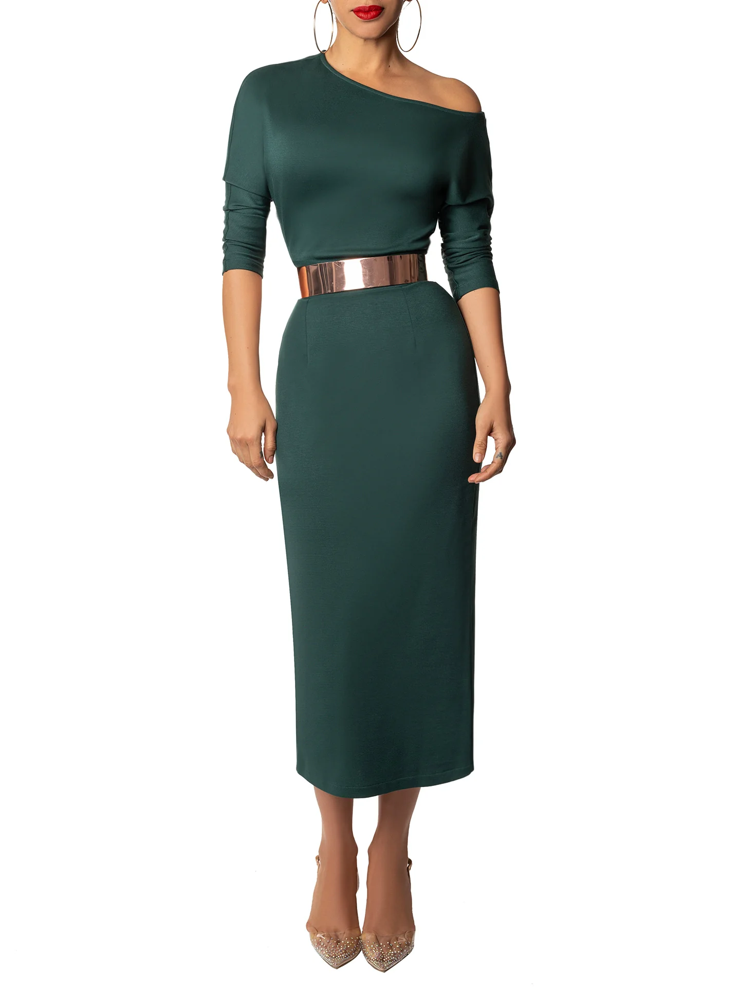 "Ingrid" Hunter Green Off Shoulder Dress - Image 2