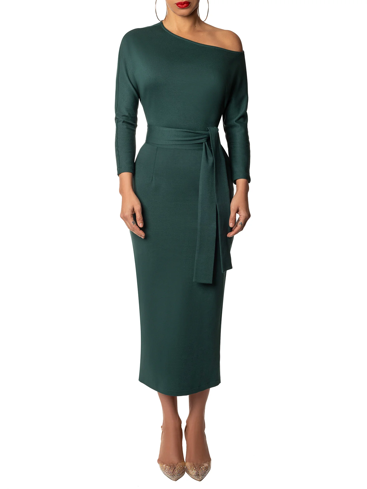 "Ingrid" Hunter Green Off Shoulder Dress - Image 3
