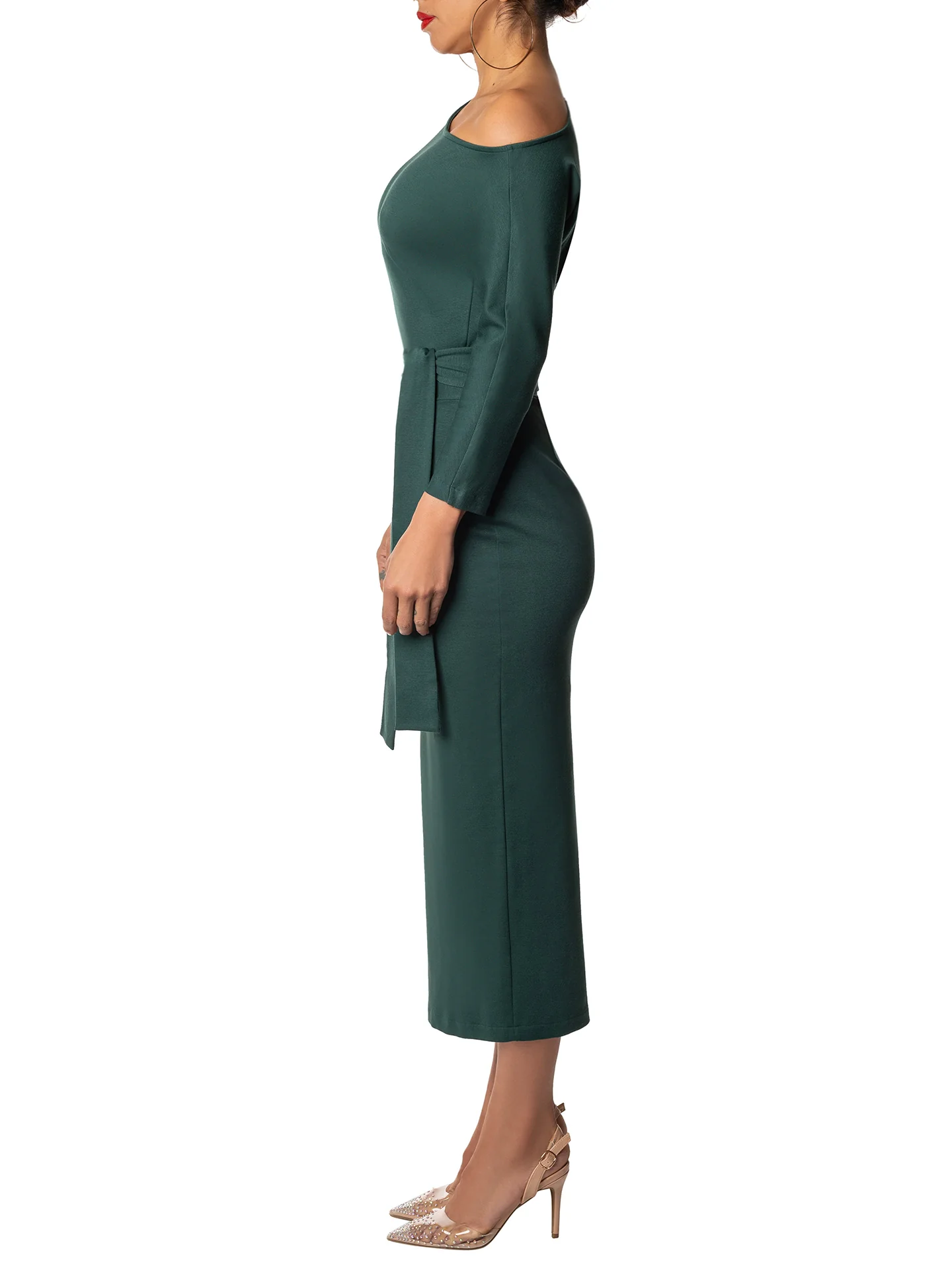 "Ingrid" Hunter Green Off Shoulder Dress - Image 4