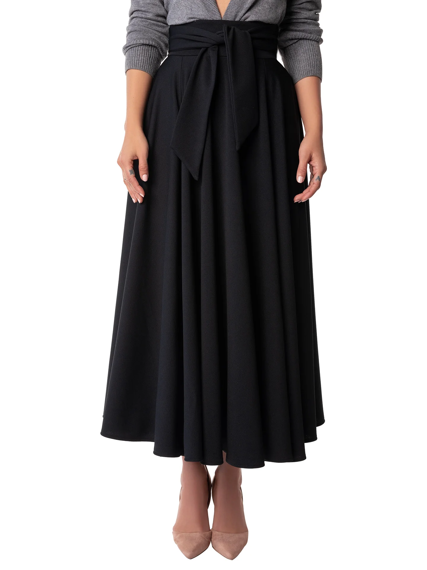 "Ismay" Black Belted Swing Skirt - Image 3