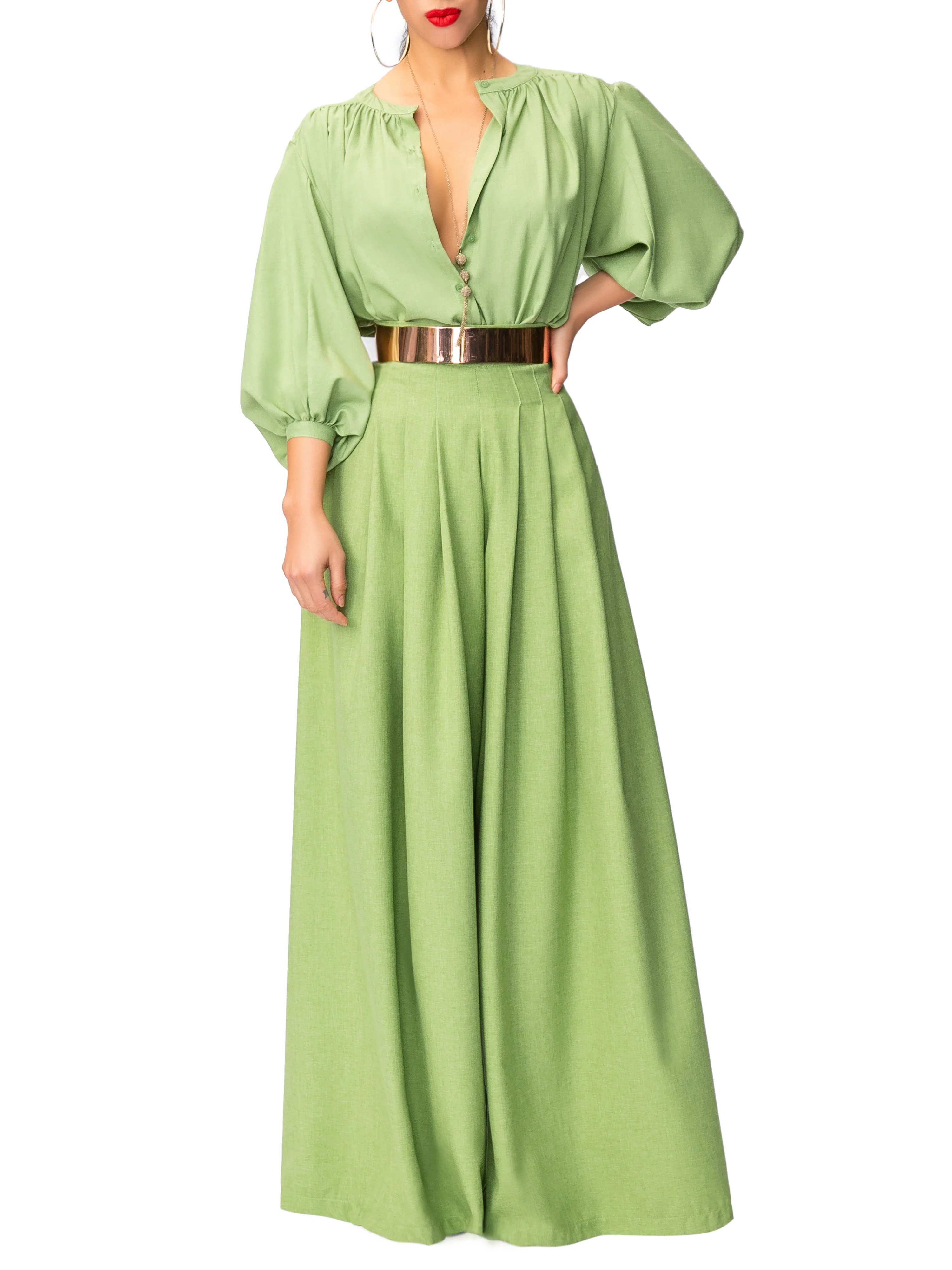 "Jagger" Green Pleated High Waist Pants