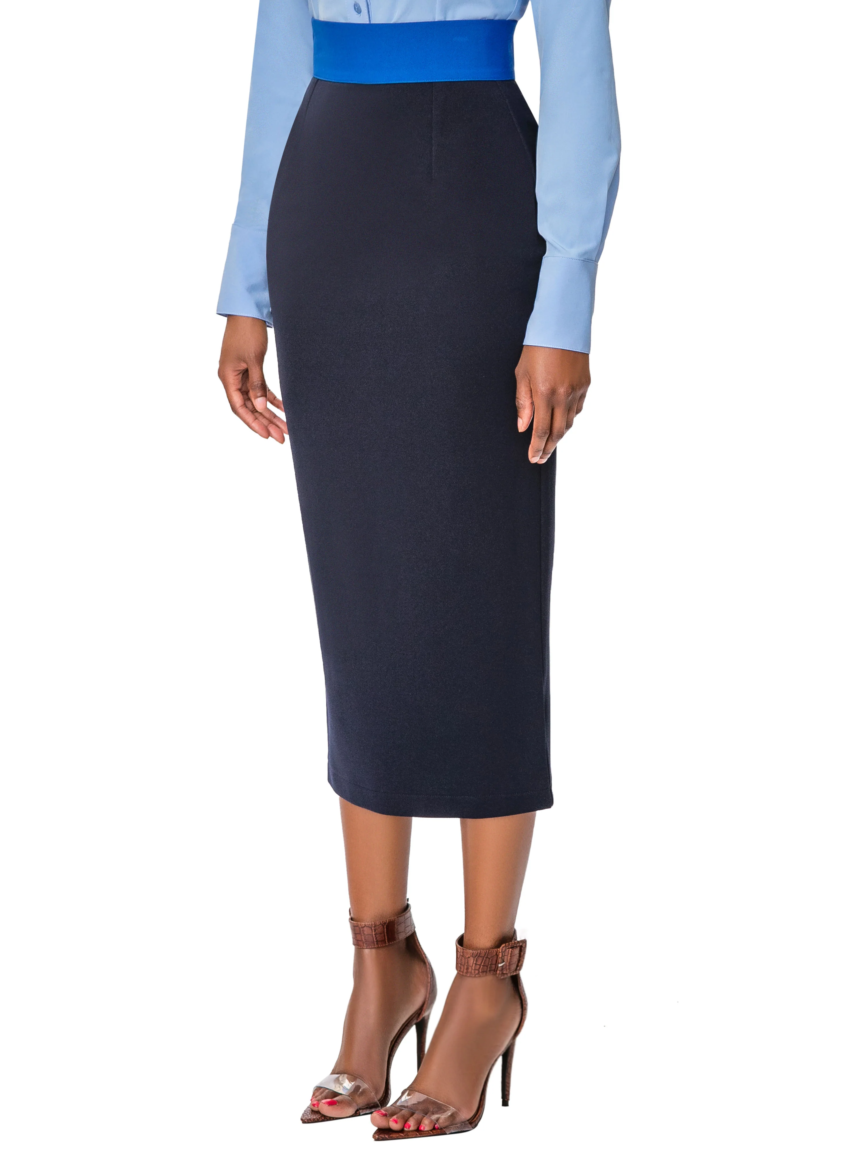 "Janelle" Cobalt/Navy Contrast Waist Pencil Skirt - Image 4