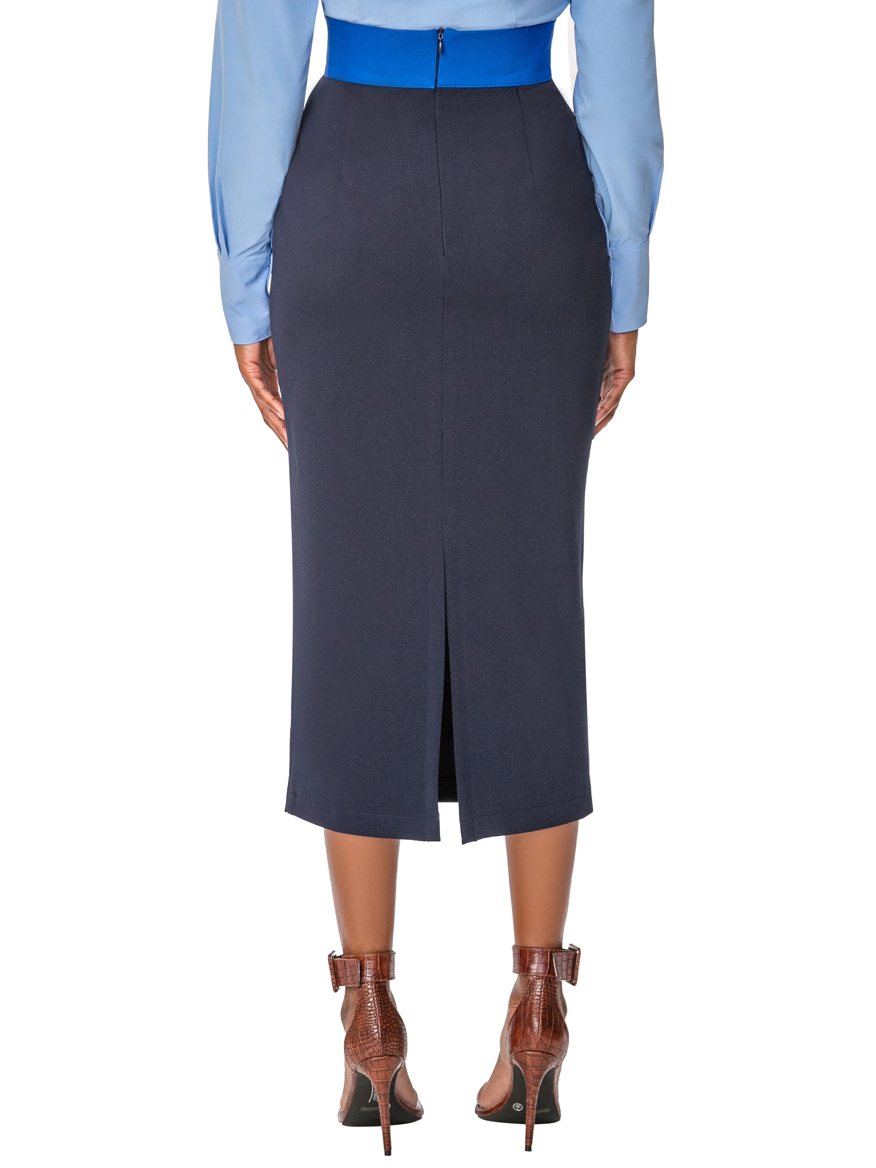 "Janelle" Cobalt/Navy Contrast Waist Pencil Skirt - Image 6