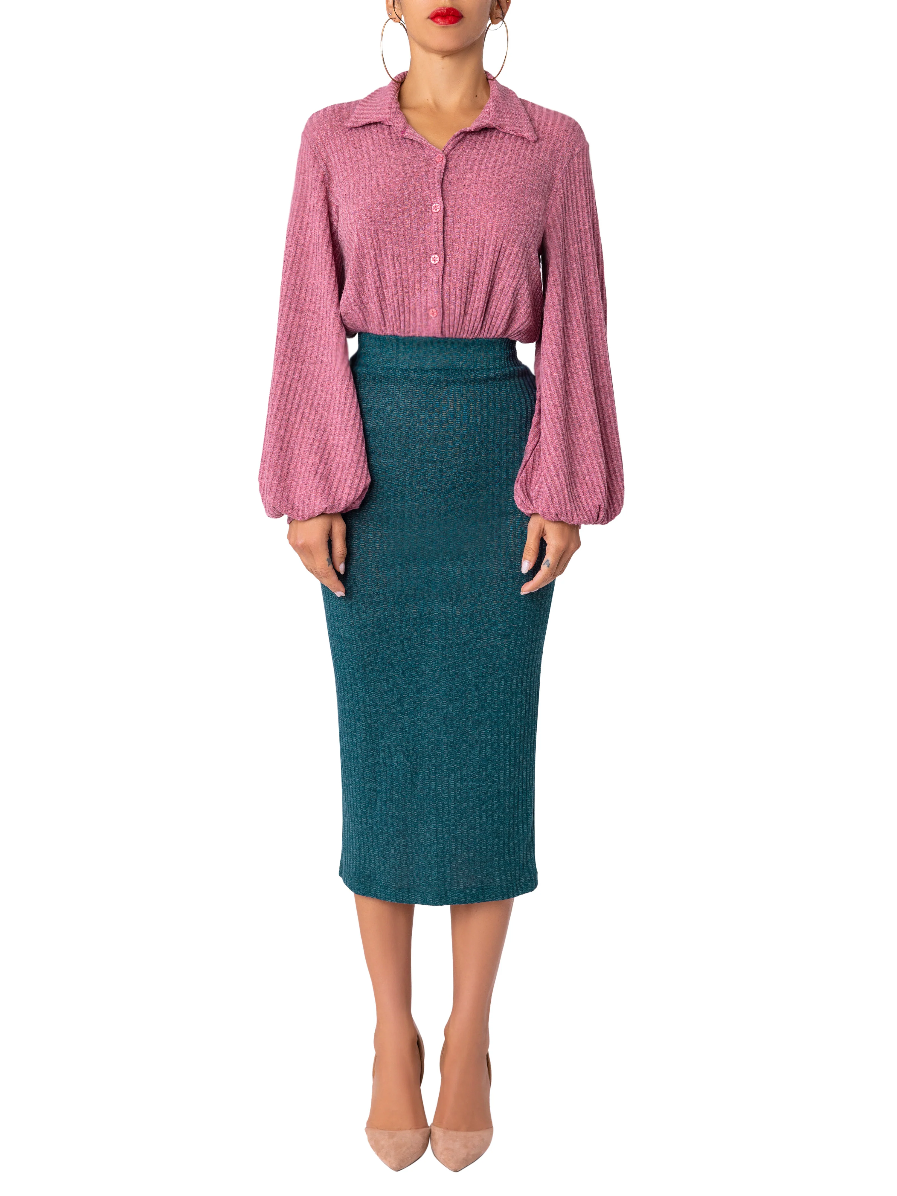“Jeni” Mauve/Green Pencil Shirtdress - Image 5