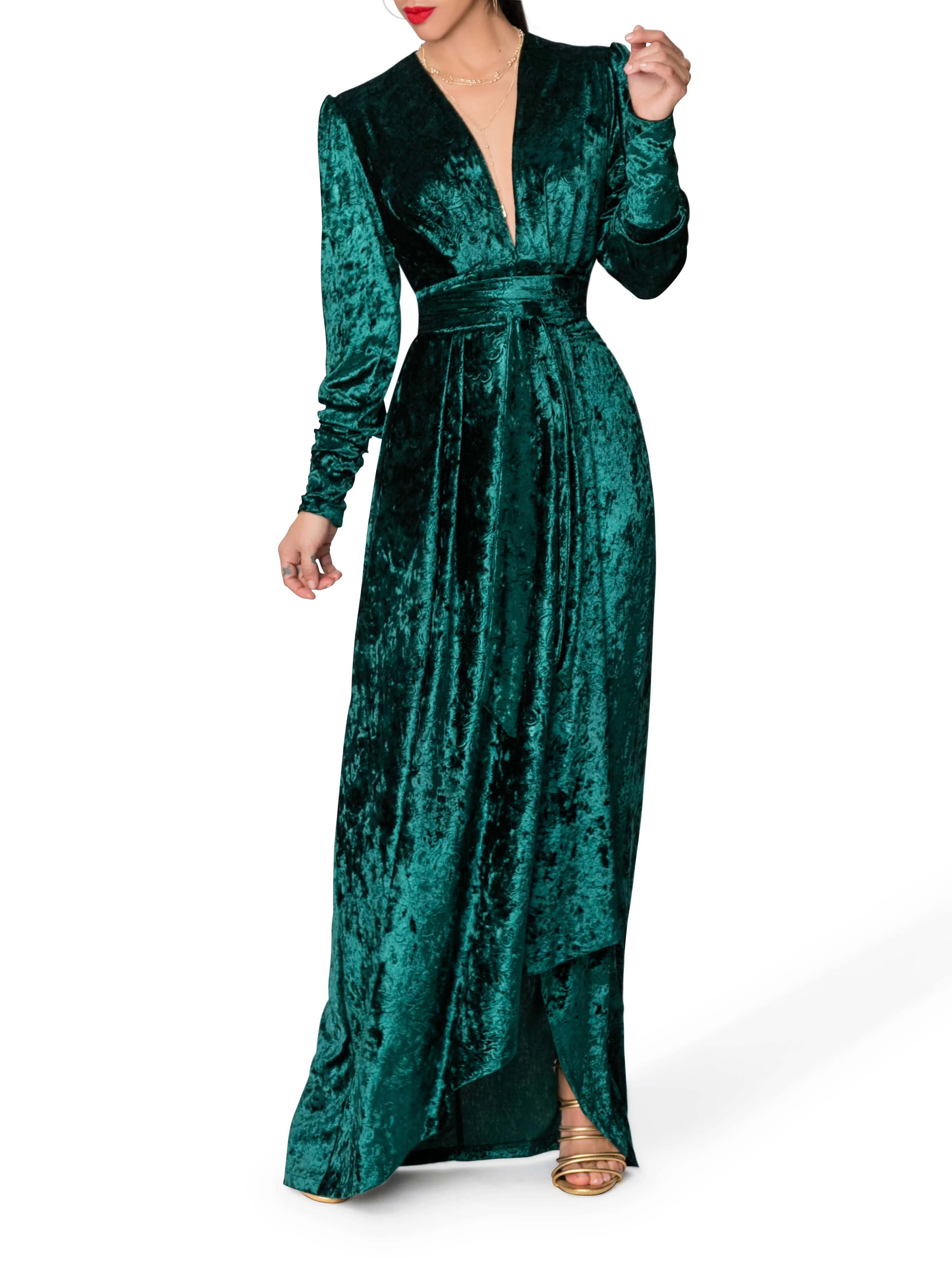"Jovie" Emerald Wrap-Effect Maxi Dress
