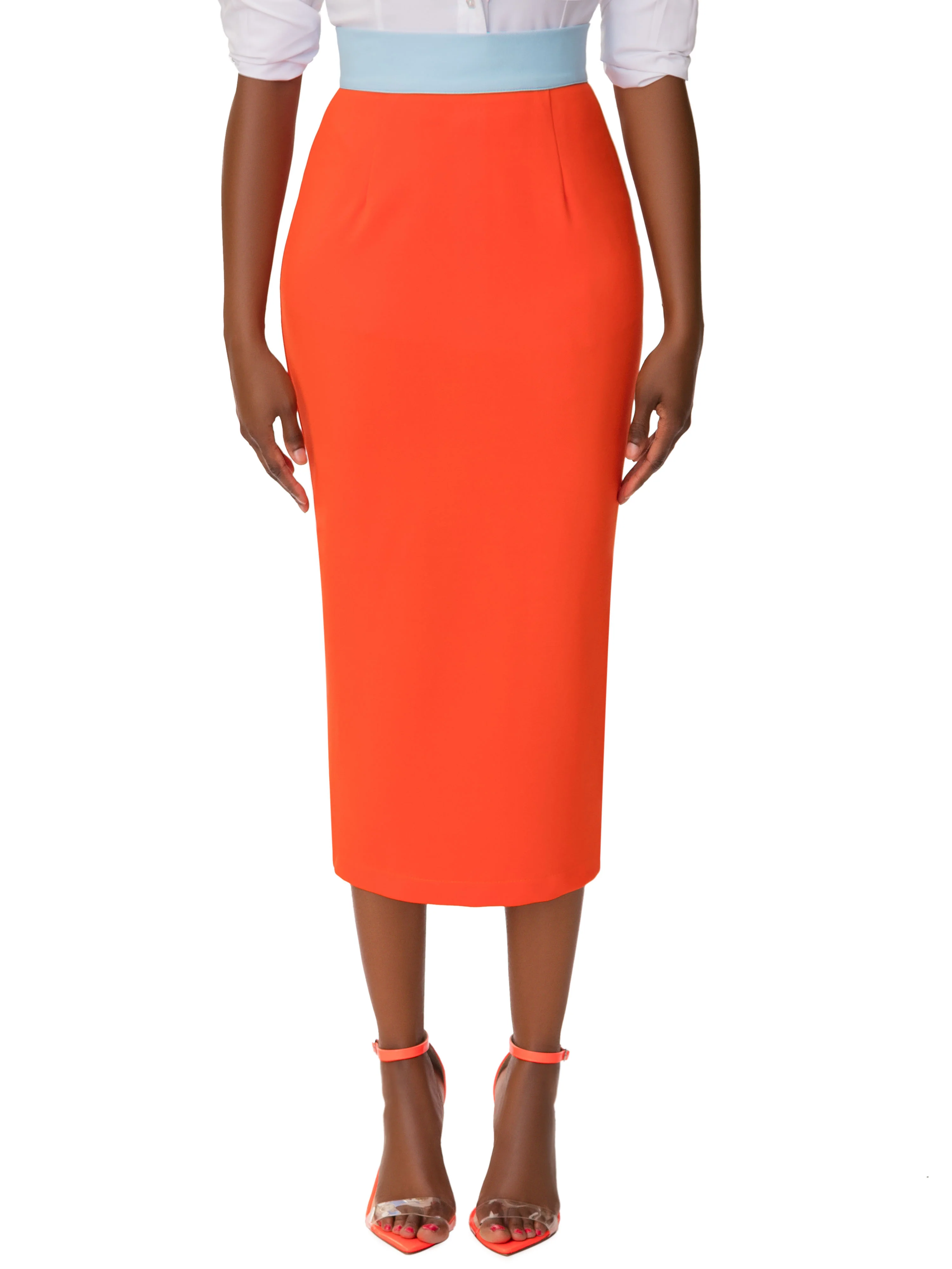 "Juanita" Orange/Blue Contrast Waist Pencil Skirt - Image 4