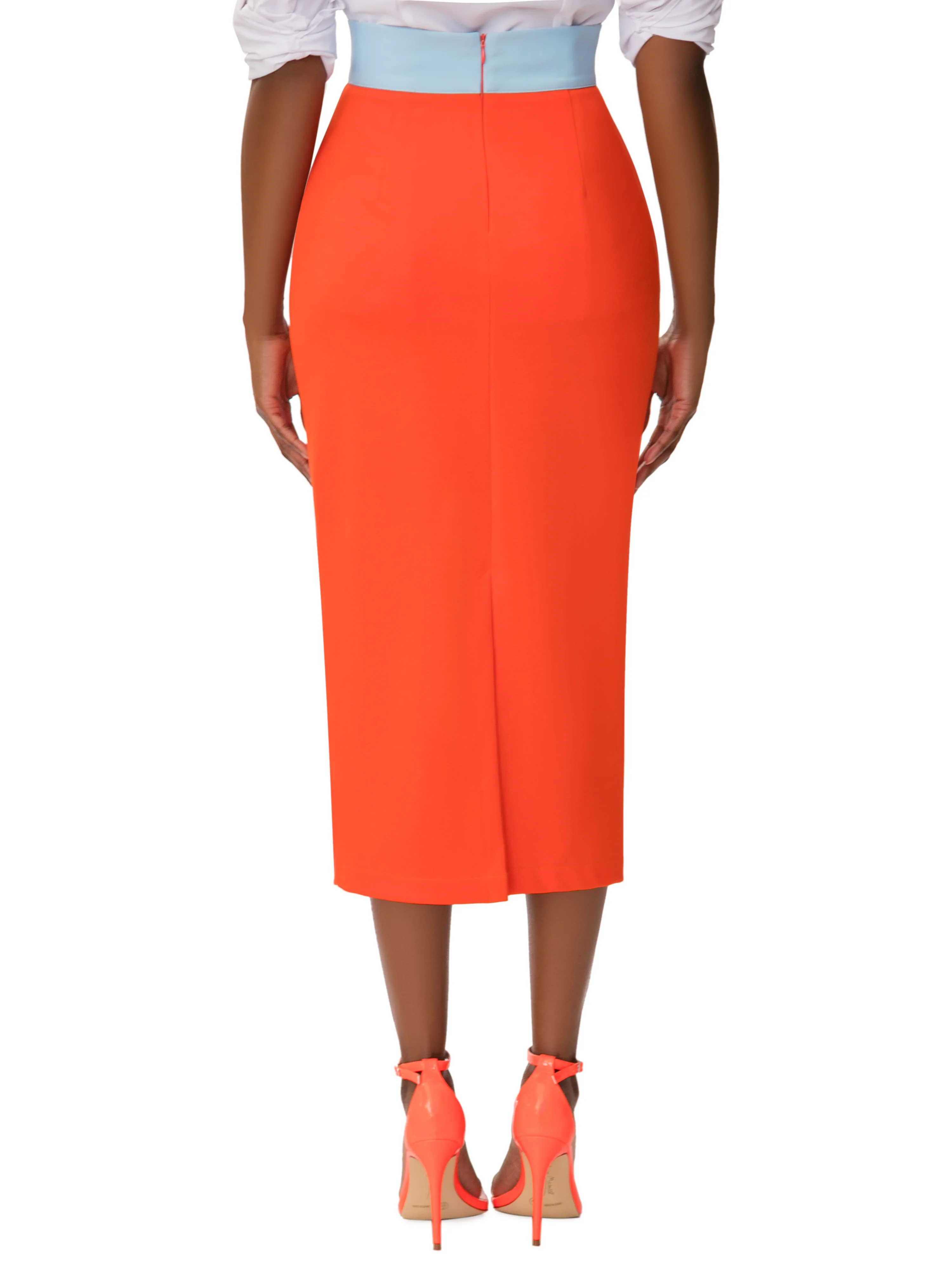 "Juanita" Orange/Blue Contrast Waist Pencil Skirt - Image 6