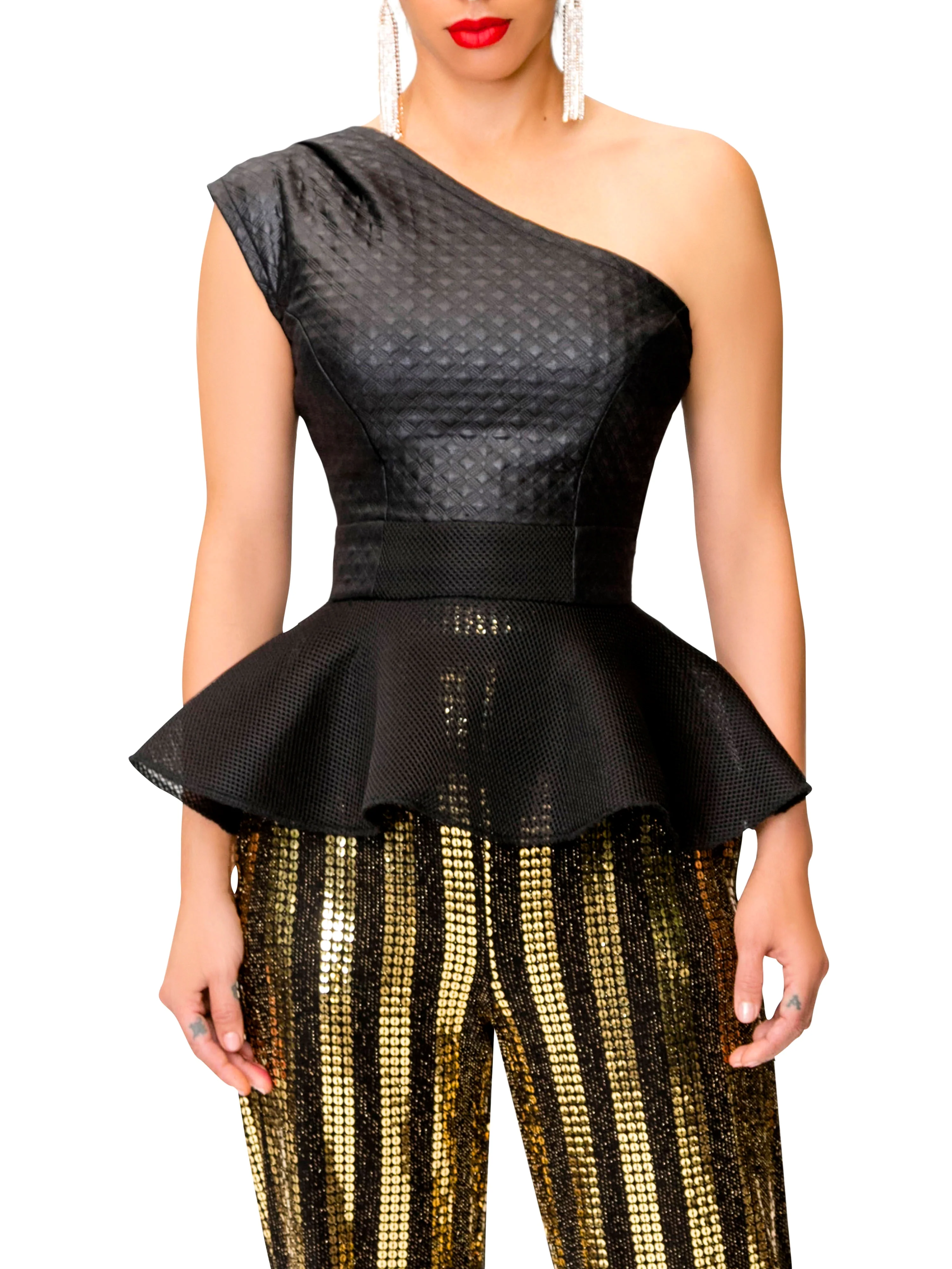 "Judith" Black Peplum Textured Top - Image 3