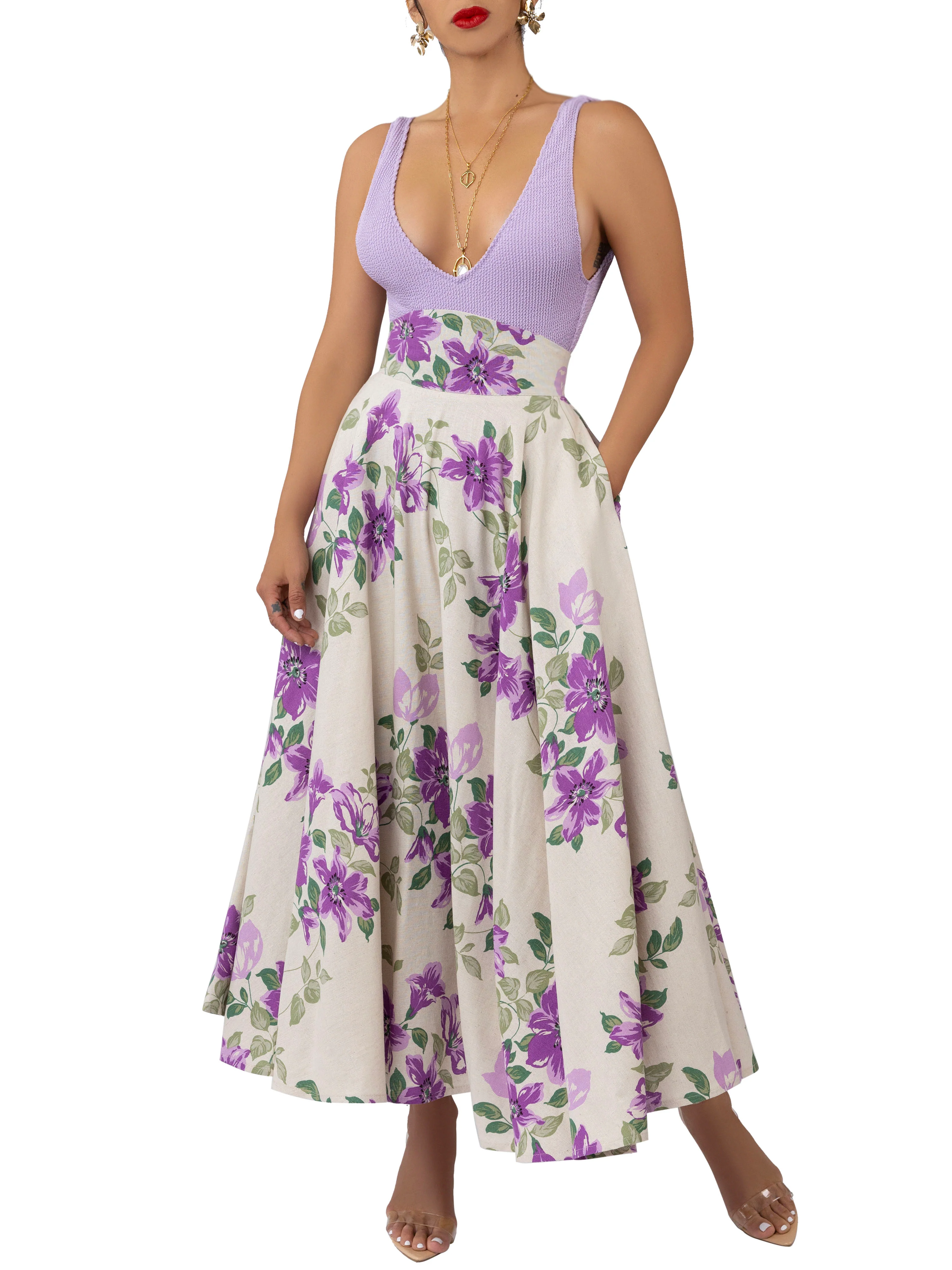 "Julep" Lilac Floral Print High Waist Skirt - Image 3