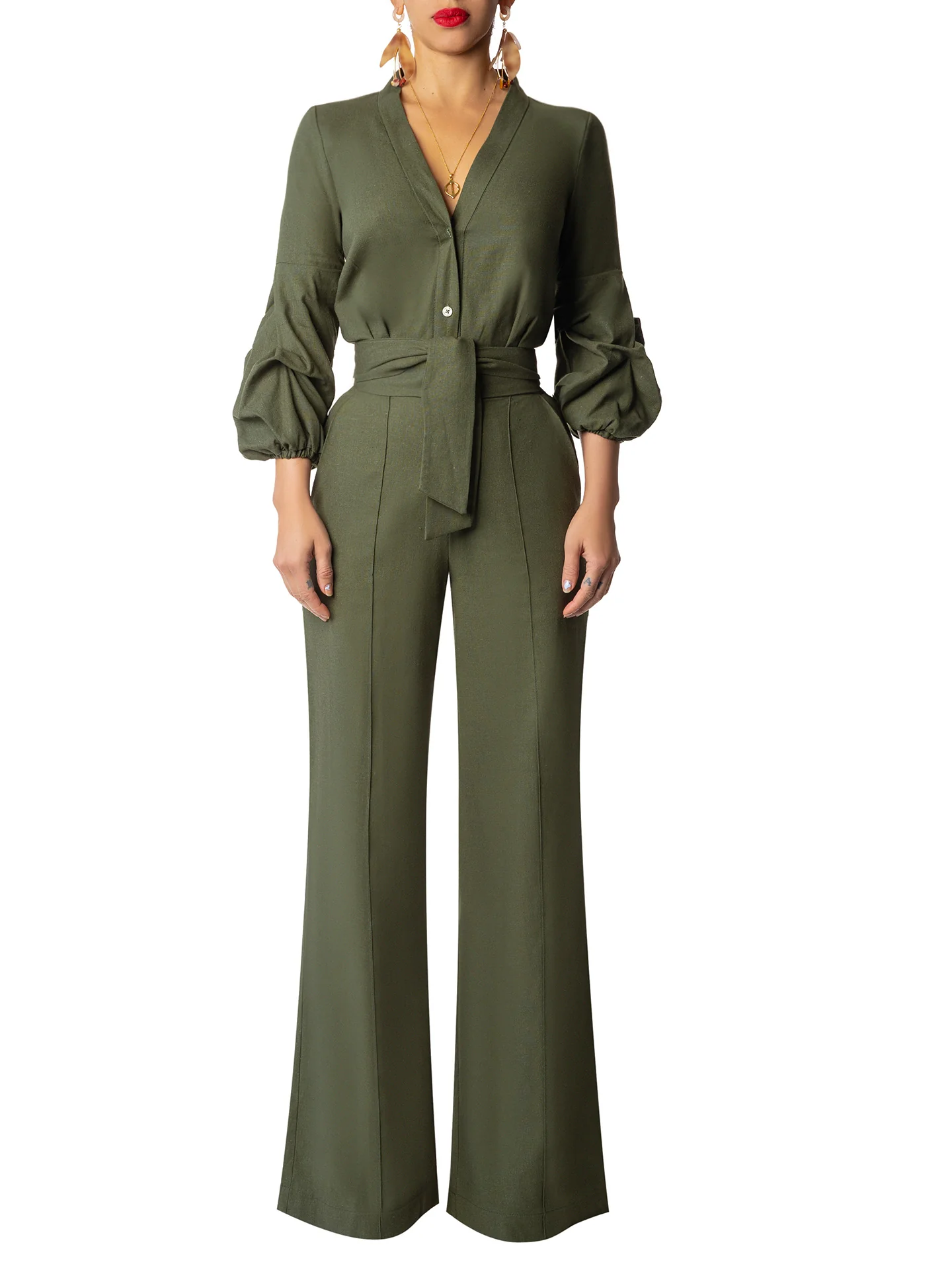 "Juniper" Olive Button-Down Jumpsuit - Image 3