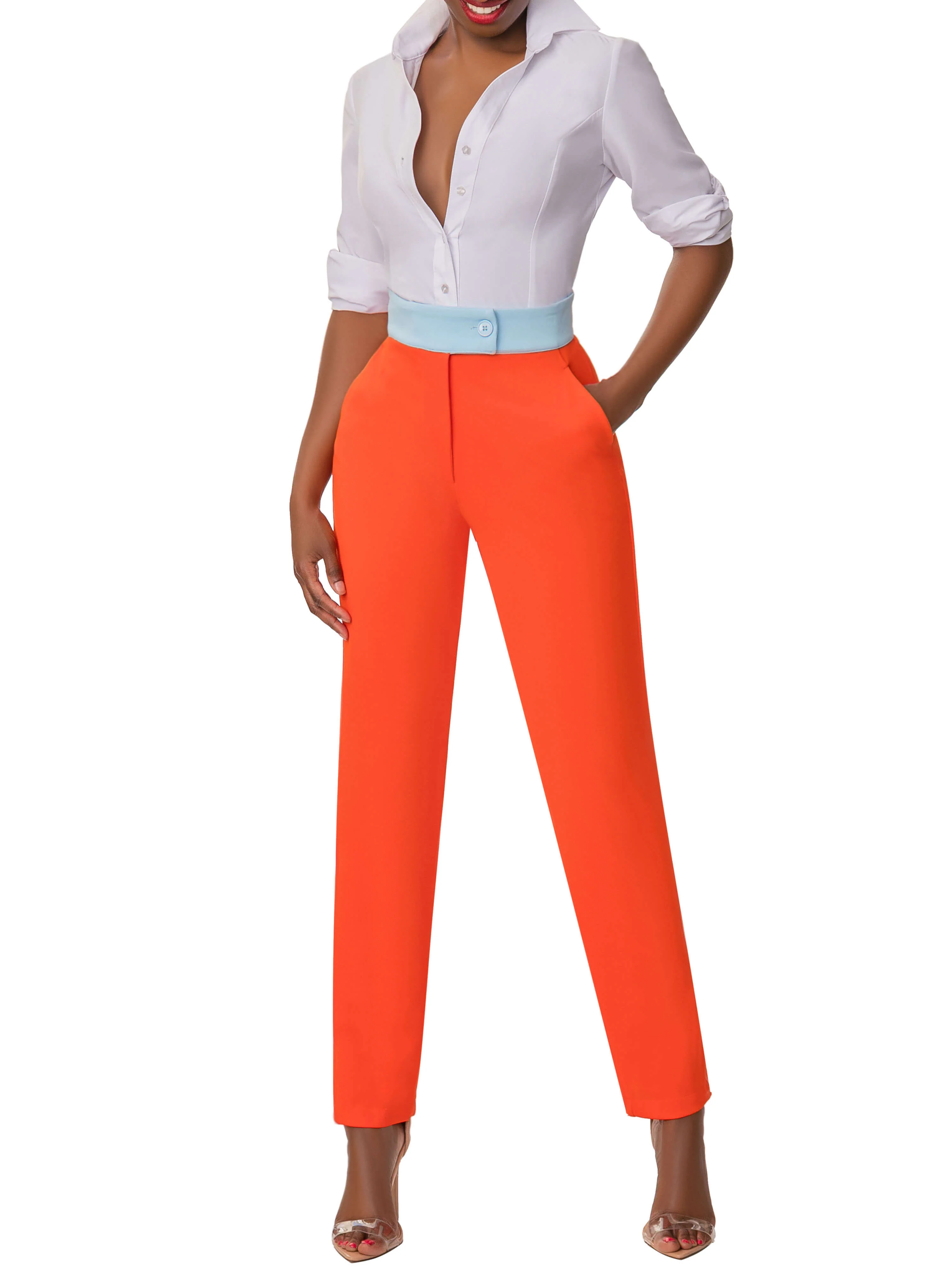 "Kimberly" Orange/Blue Contrast Waist Pants - Image 3