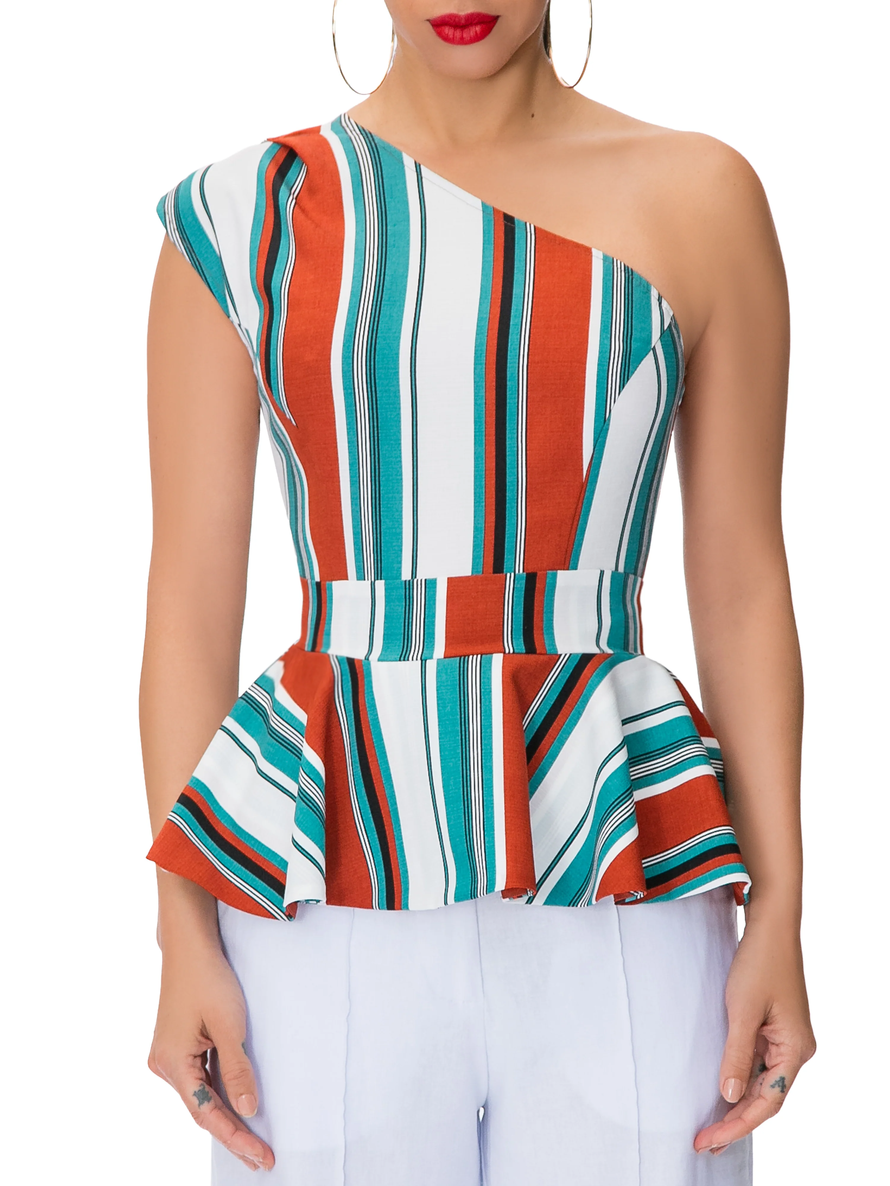 "La Jolla" Stripe One Shoulder Peplum Top - Image 3