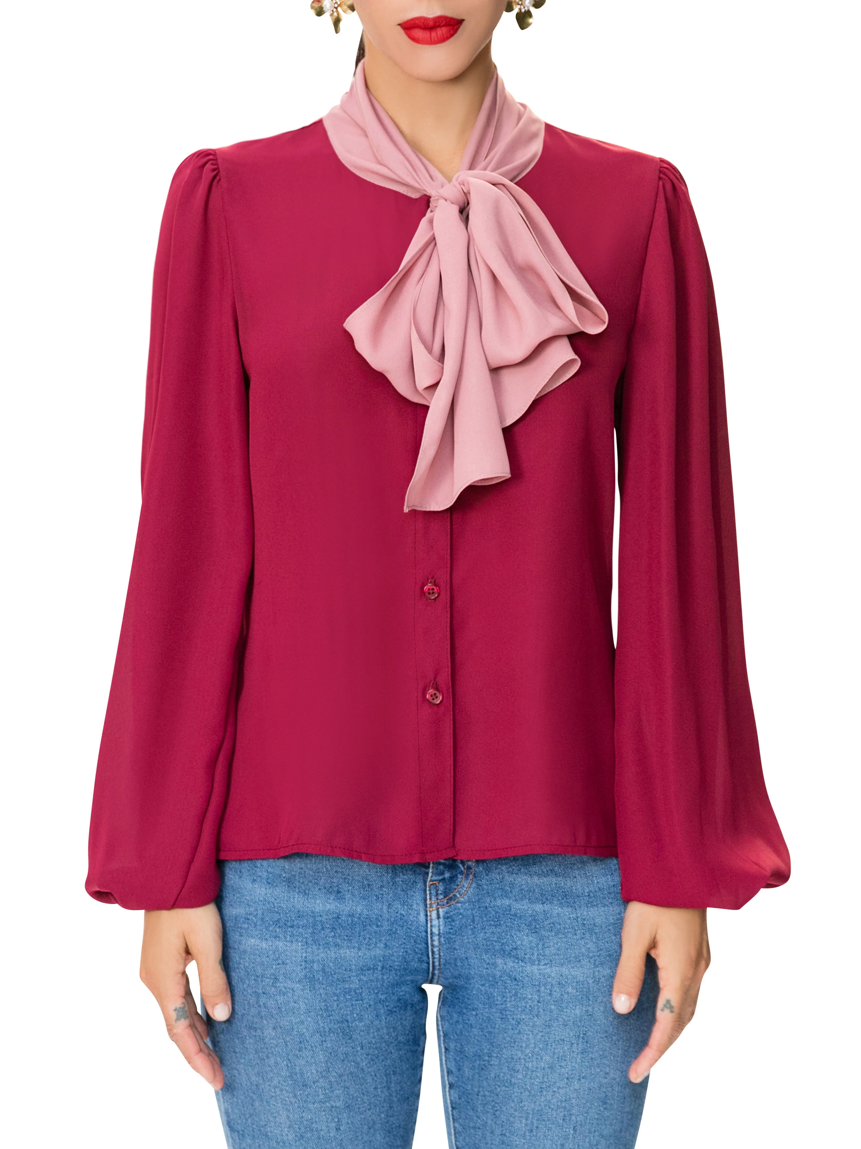 "Lana" Color Block Pussy Bow Top - Image 4