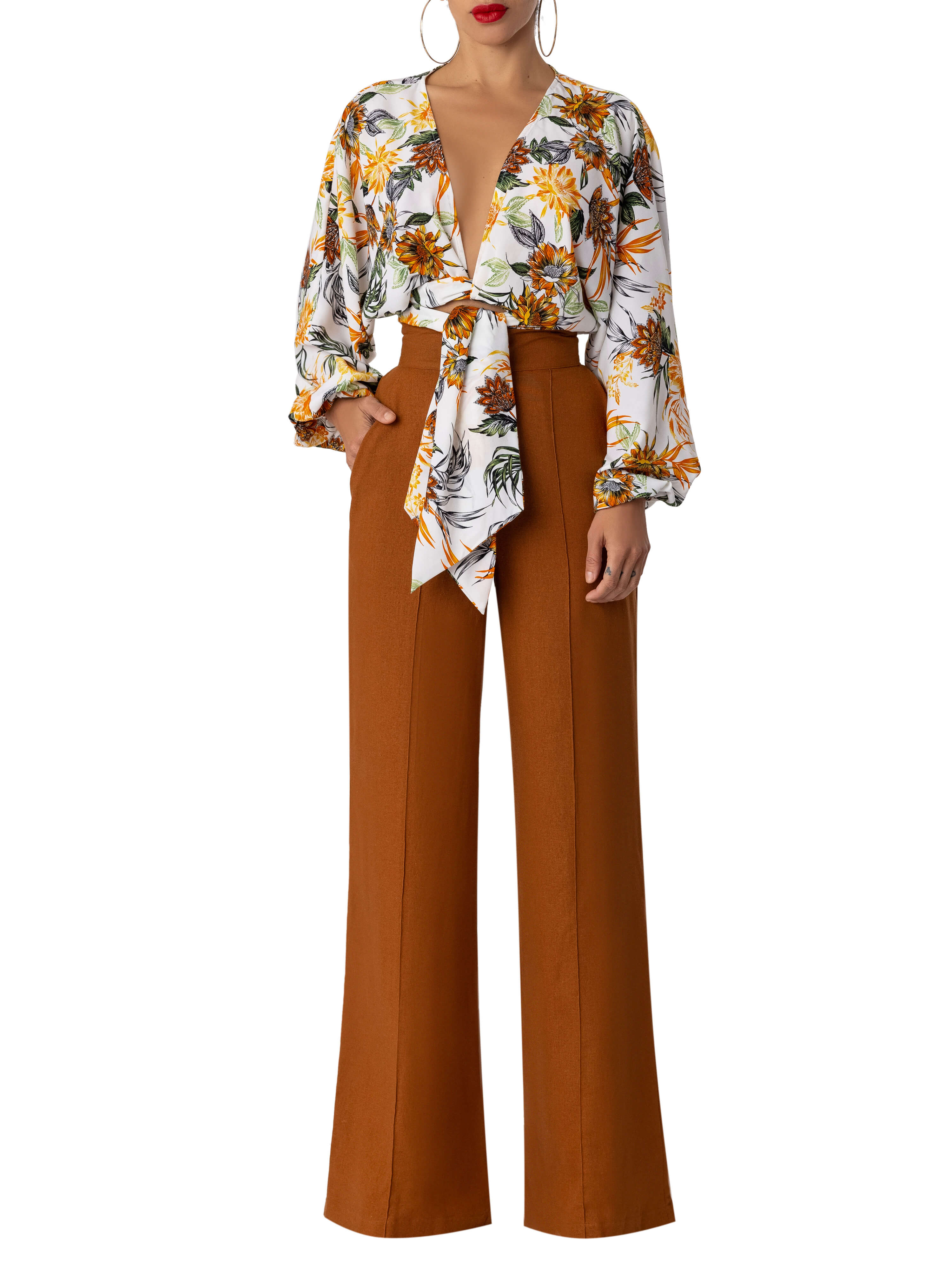 "Laurel" Cognac Linen High Waist Pants - Image 3