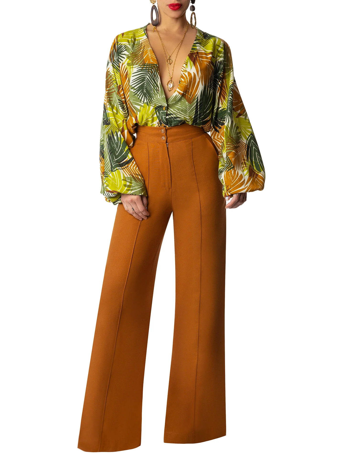 "Laurel" Cognac Linen High Waist Pants - Image 2