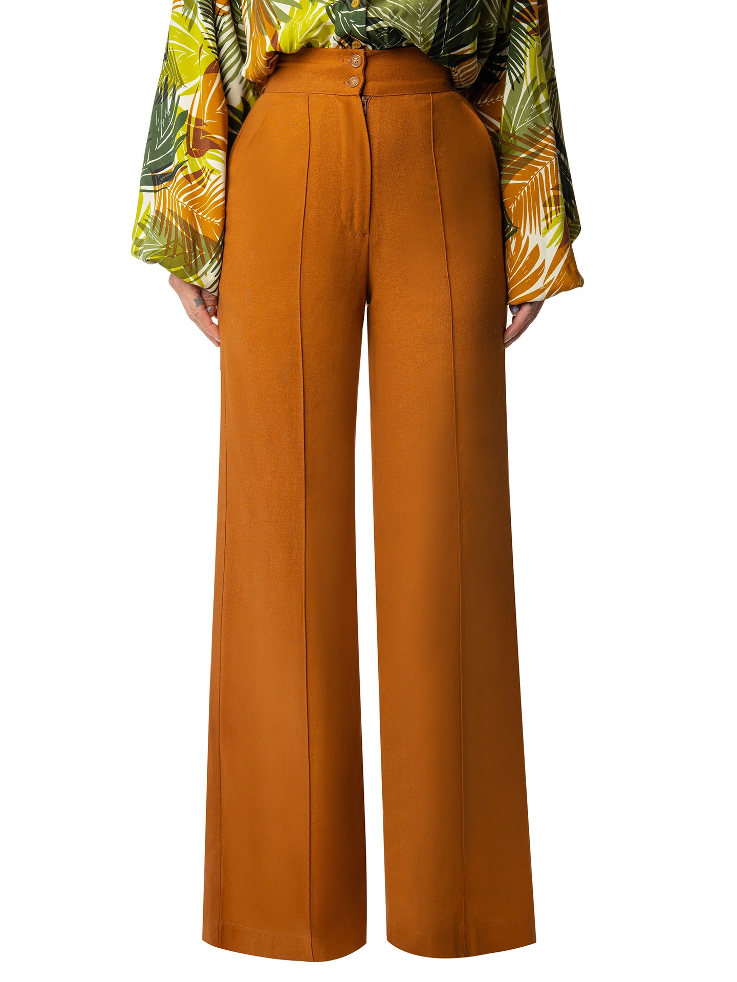 "Laurel" Cognac Linen High Waist Pants - Image 3