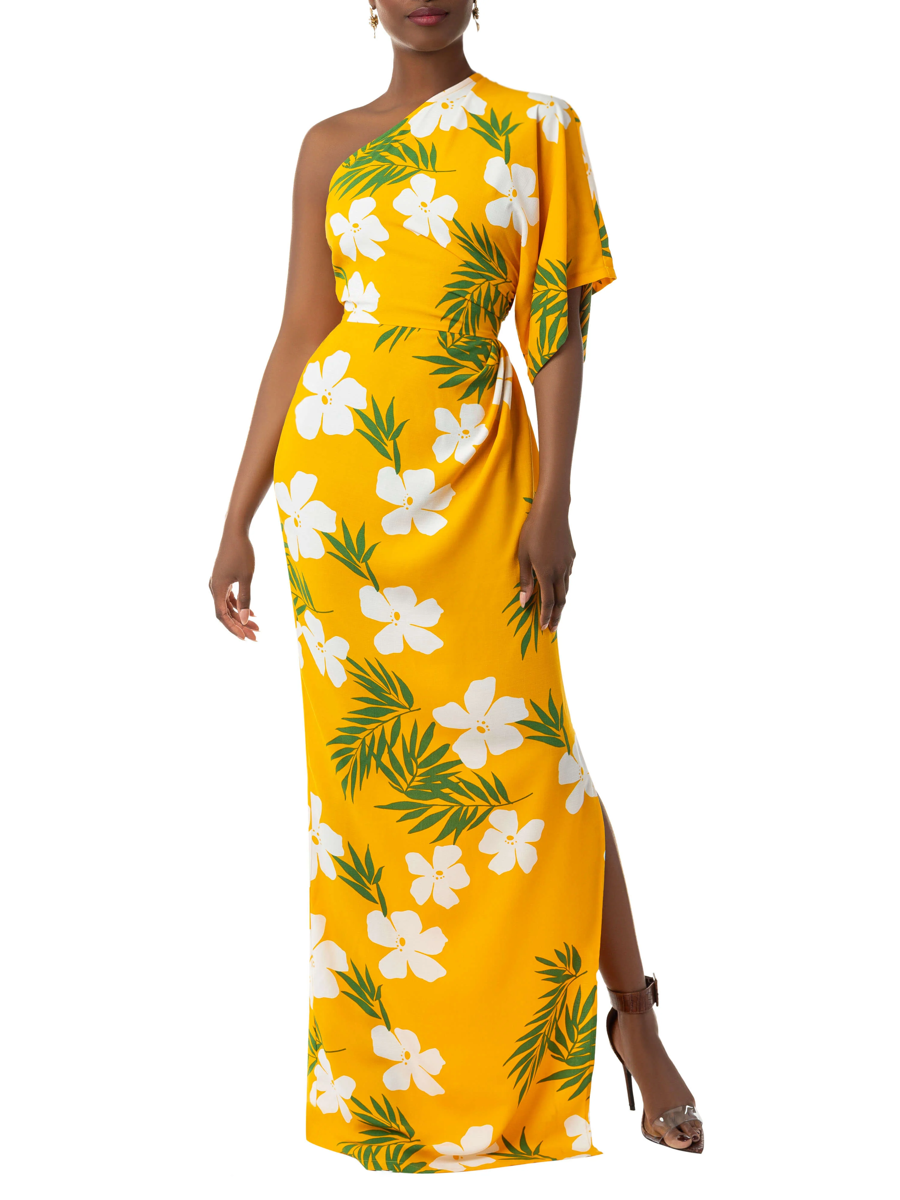 "Leilani" Yellow Tropical One Shoulder Draped Dress - Image 3