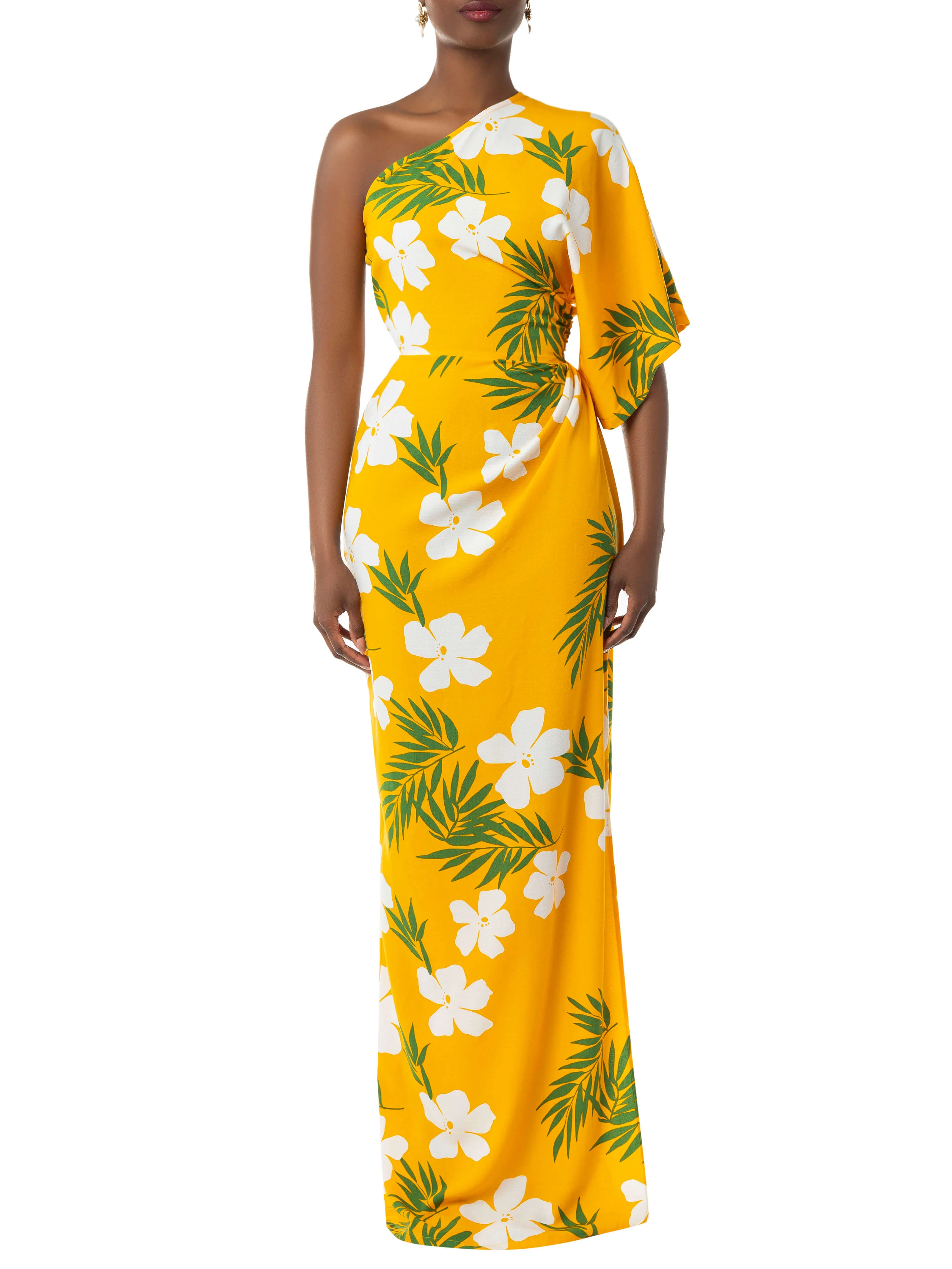 "Leilani" Yellow Tropical One Shoulder Draped Dress - Image 4
