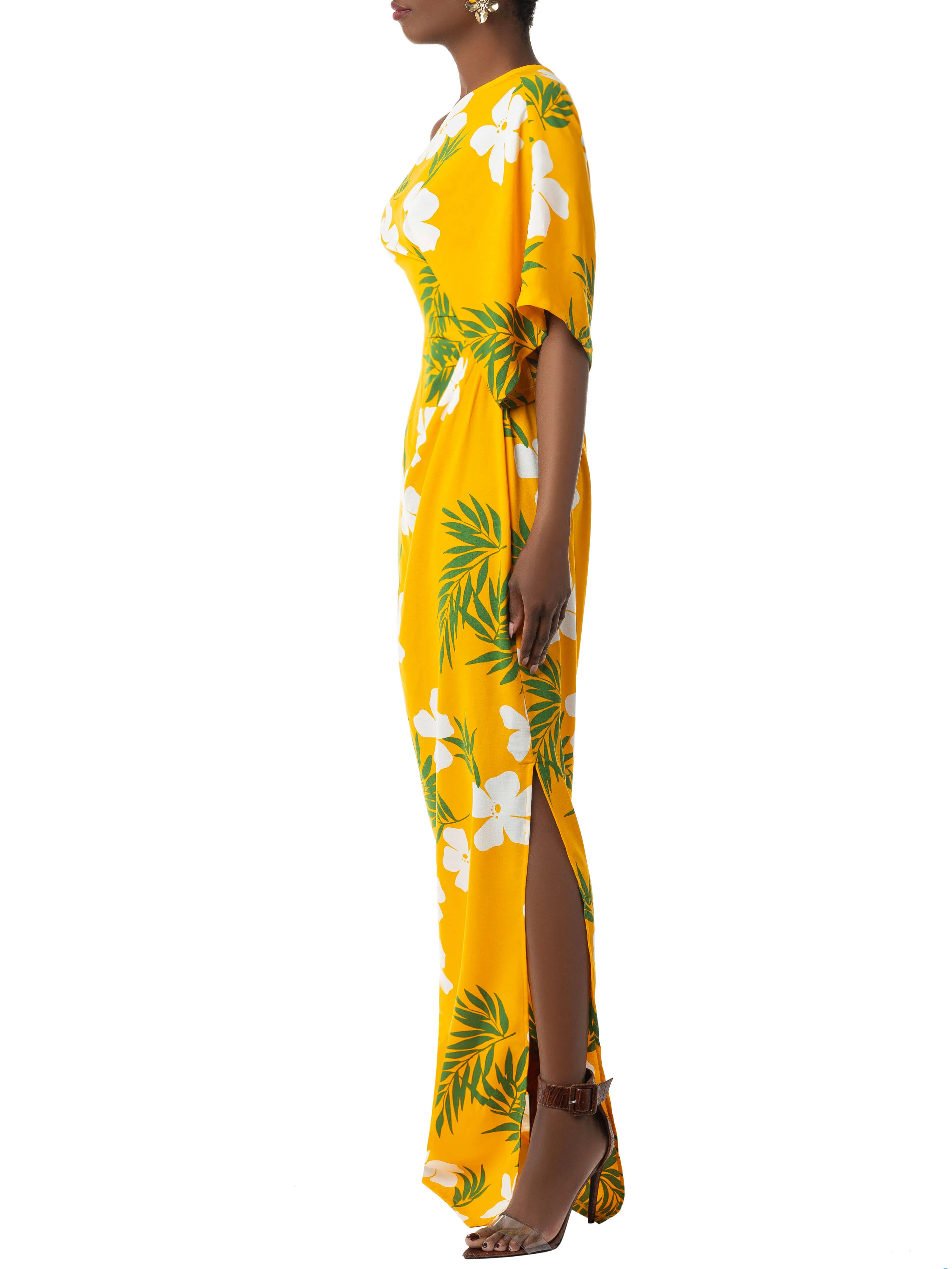 "Leilani" Yellow Tropical One Shoulder Draped Dress - Image 5