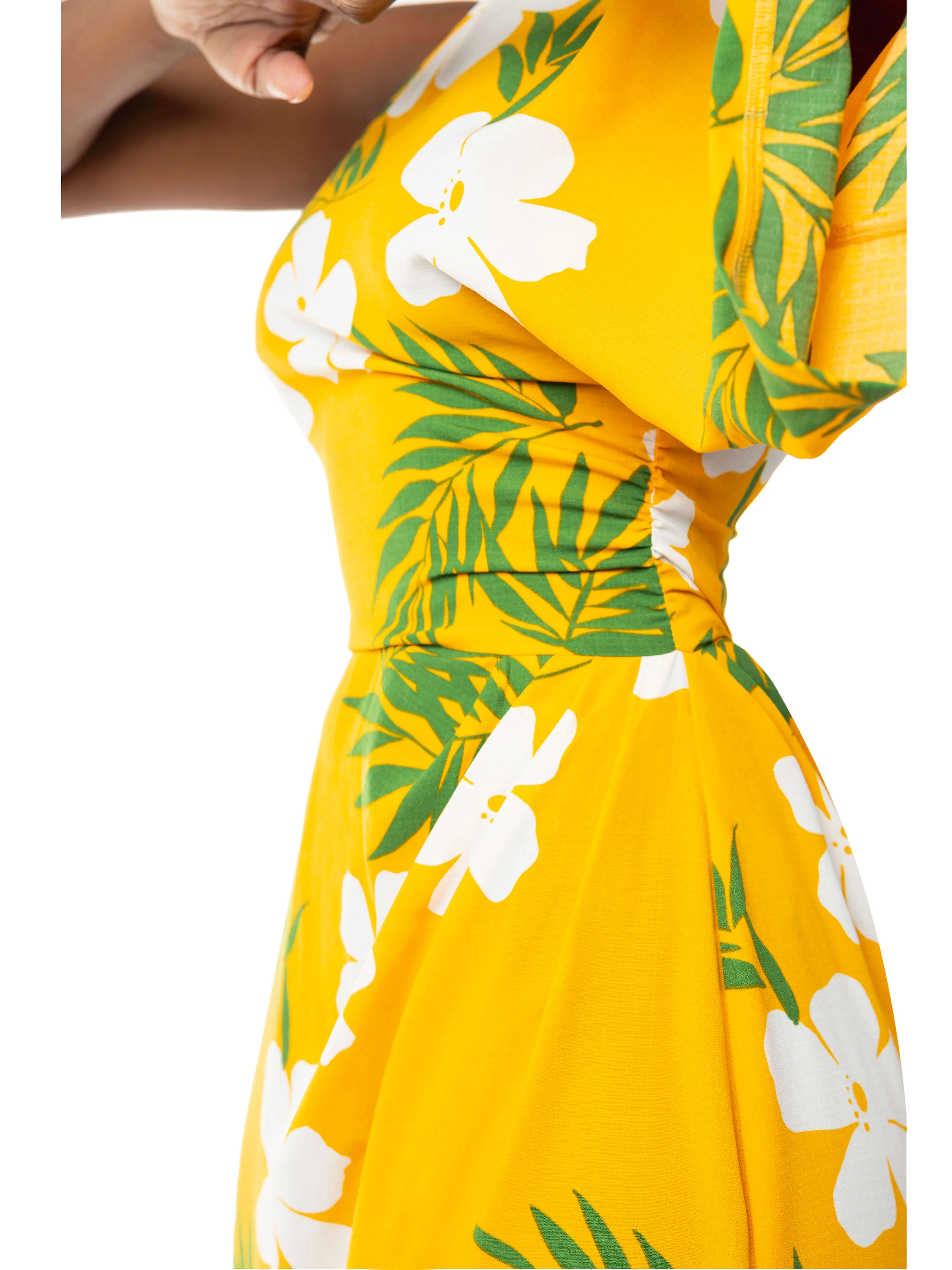 "Leilani" Yellow Tropical One Shoulder Draped Dress - Image 6