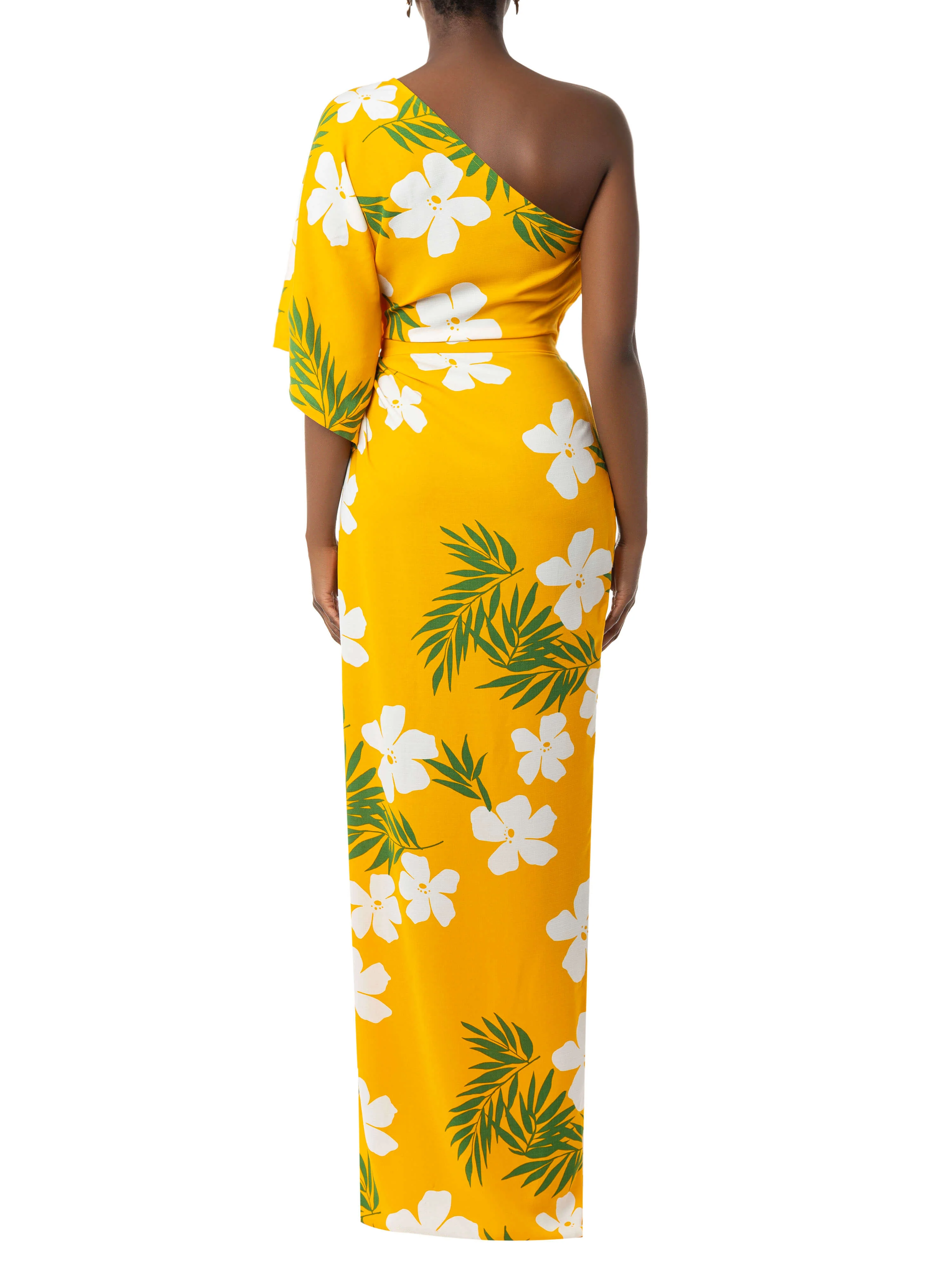 "Leilani" Yellow Tropical One Shoulder Draped Dress - Image 7