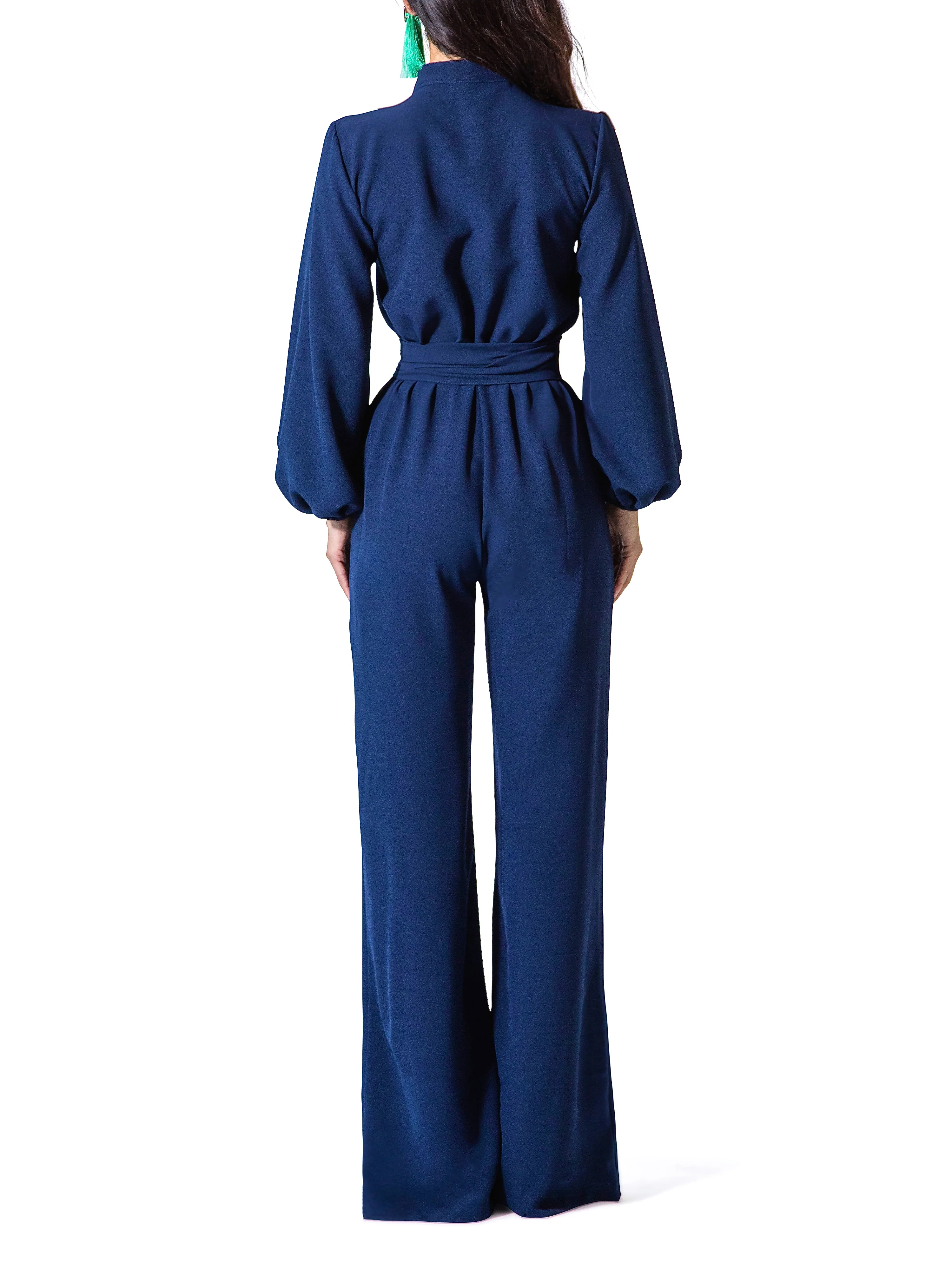 "Linda" Navy Bell Sleeve Wide Leg Jumpsuit - Image 5