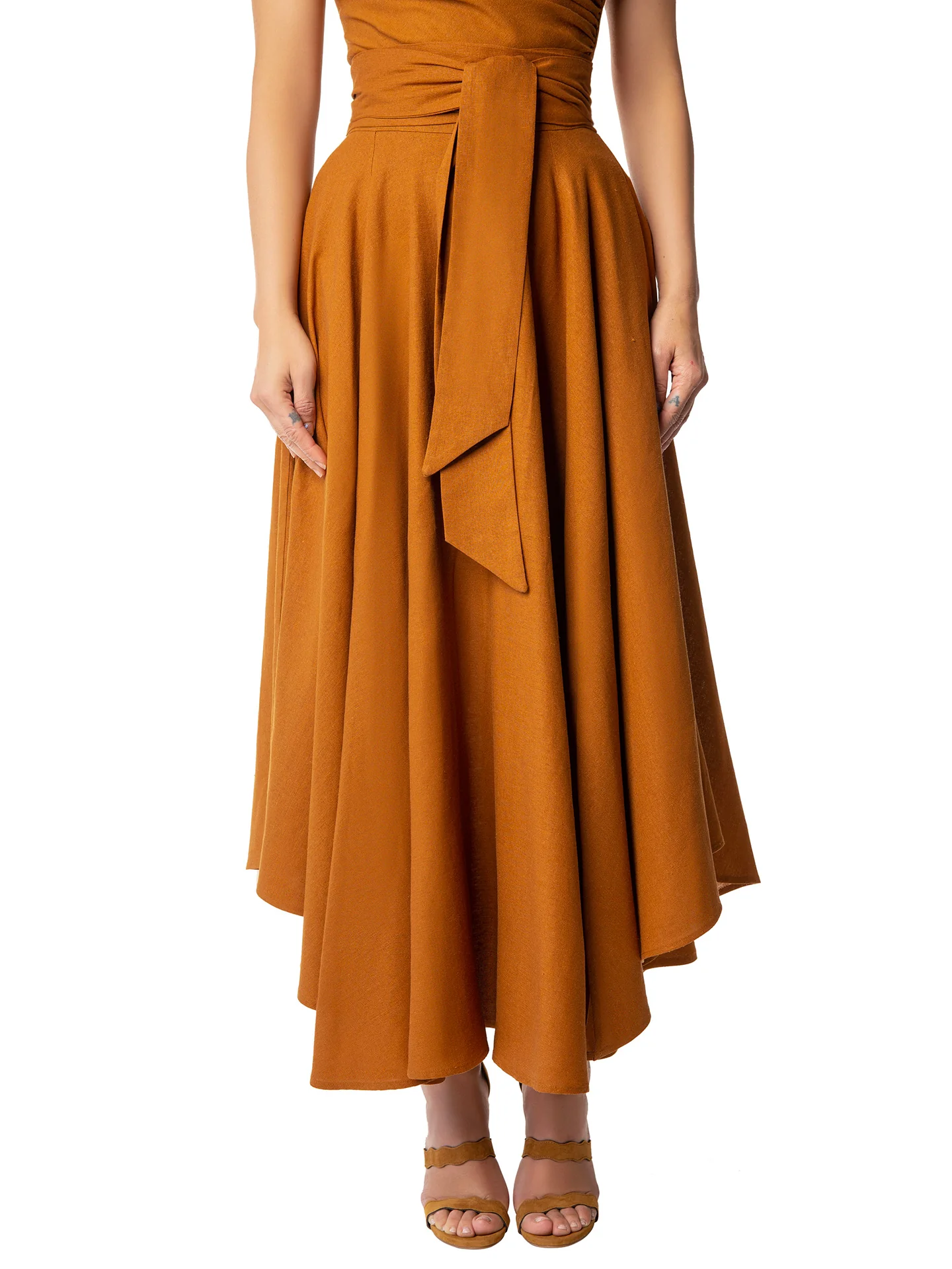 "Linden" Cognac Linen Belted Skirt - Image 3