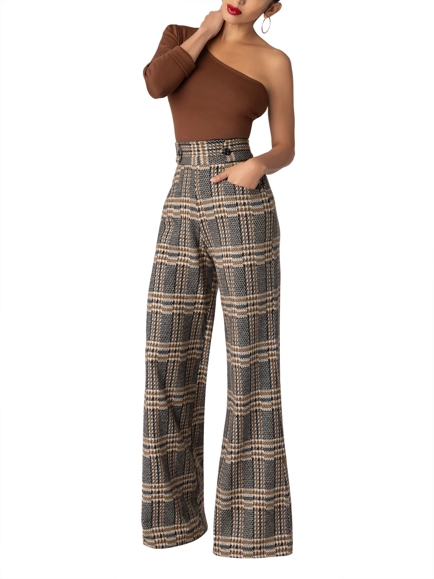 “Liverpool” Brown Brushed Plaid Pants - Image 4