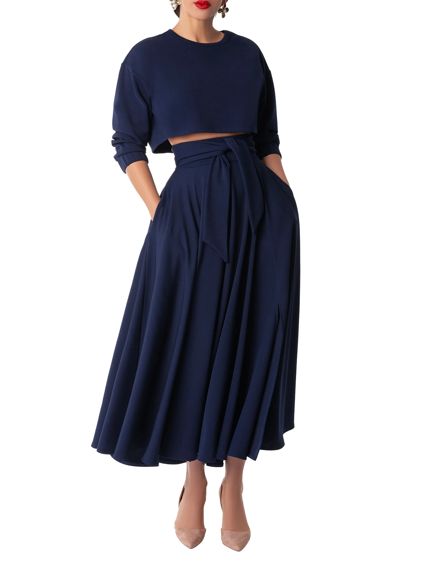 "Lizette" Navy Belted Swing Skirt - Image 3
