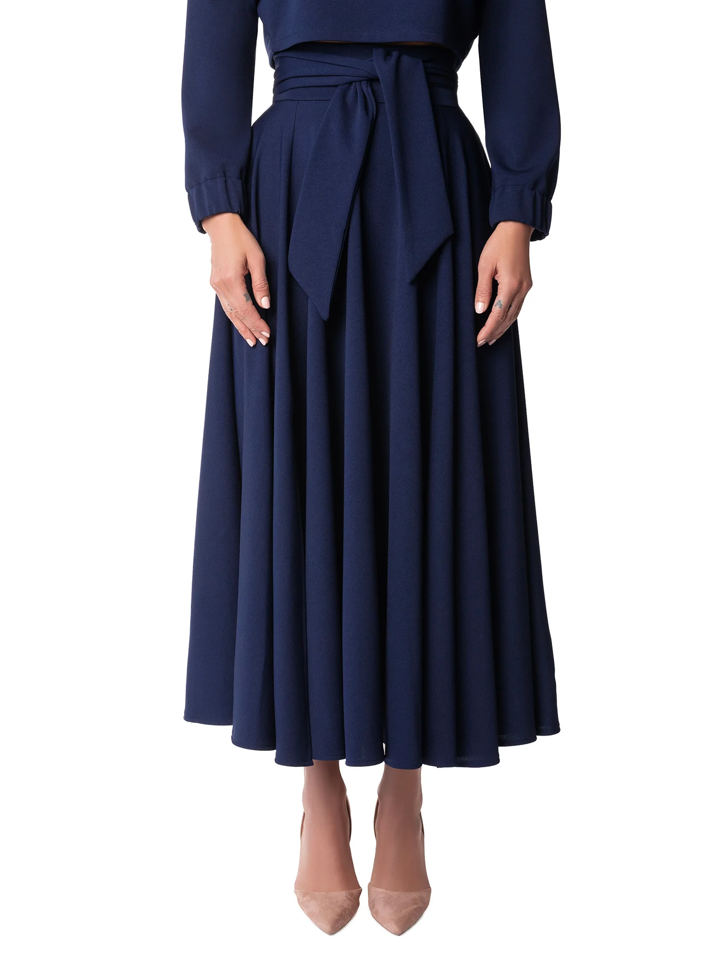 "Lizette" Navy Belted Swing Skirt - Image 4