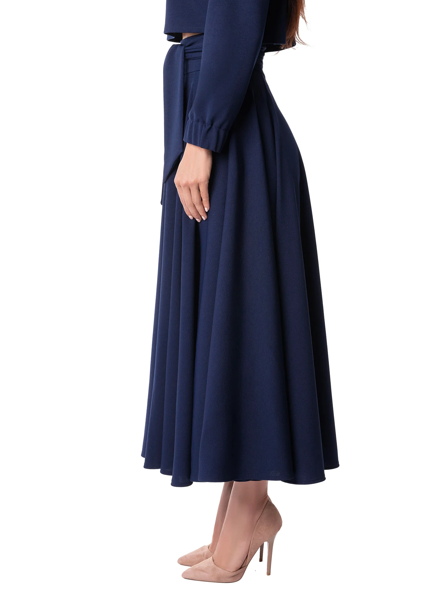 "Lizette" Navy Belted Swing Skirt - Image 5