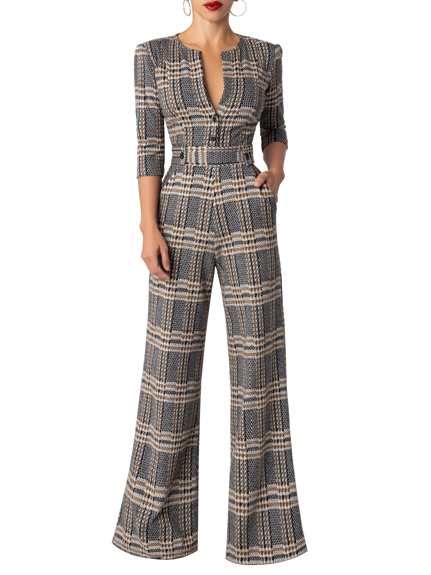 “London” Brown Brushed Plaid Jumpsuit - Image 3