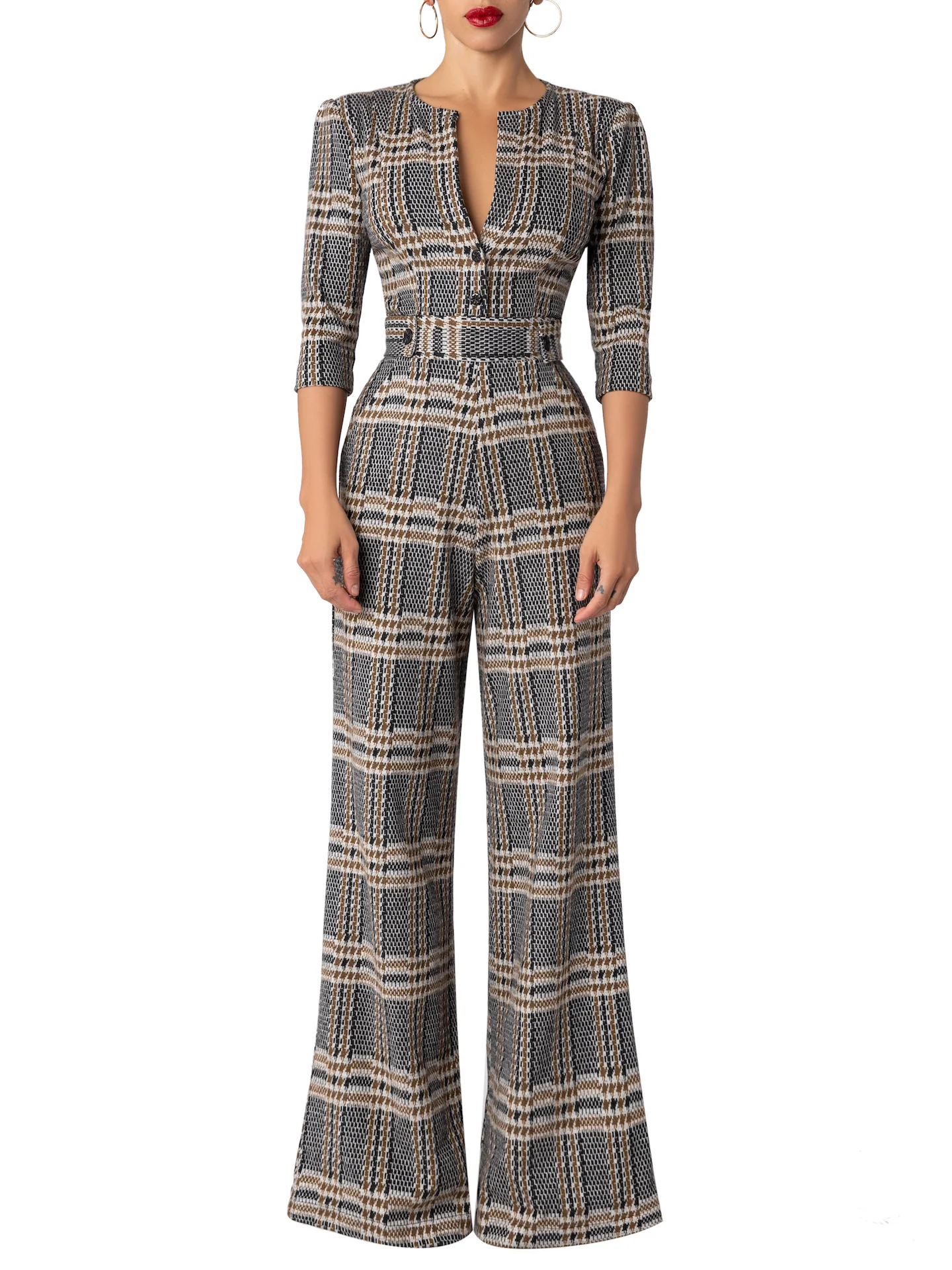 “London” Brown Brushed Plaid Jumpsuit - Image 4