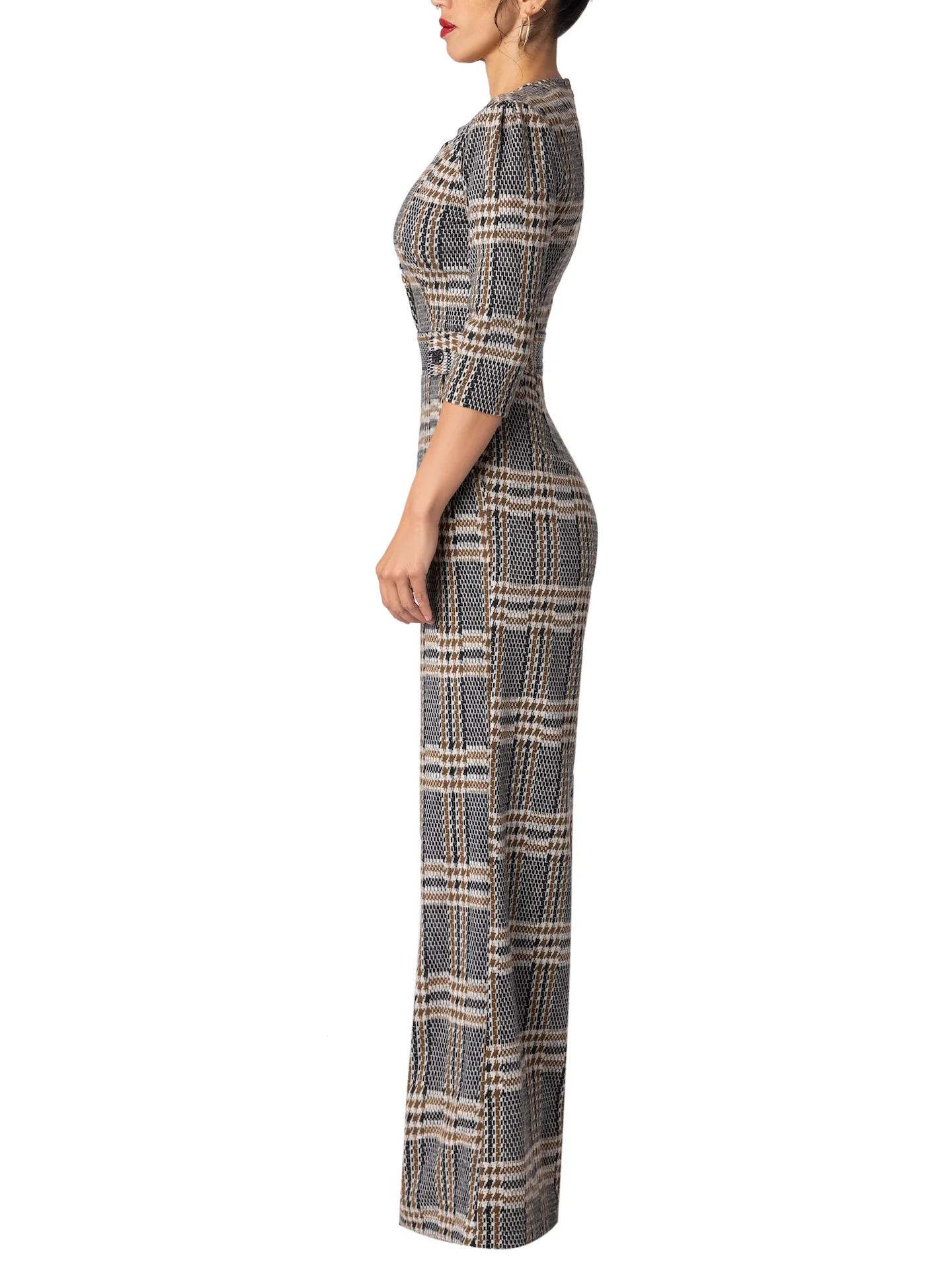 “London” Brown Brushed Plaid Jumpsuit - Image 5