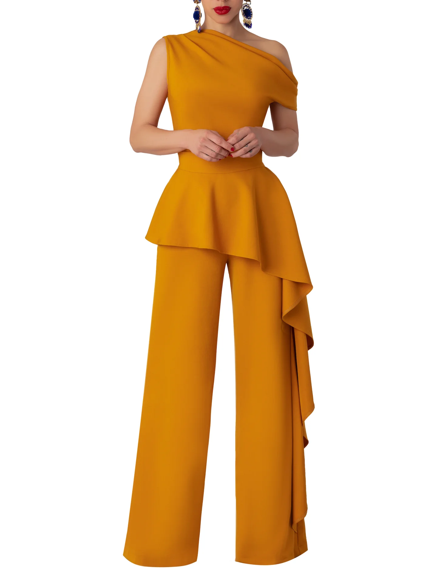 "Loquat" Mustard Off-Shoulder Flounce Jumpsuit - Image 4