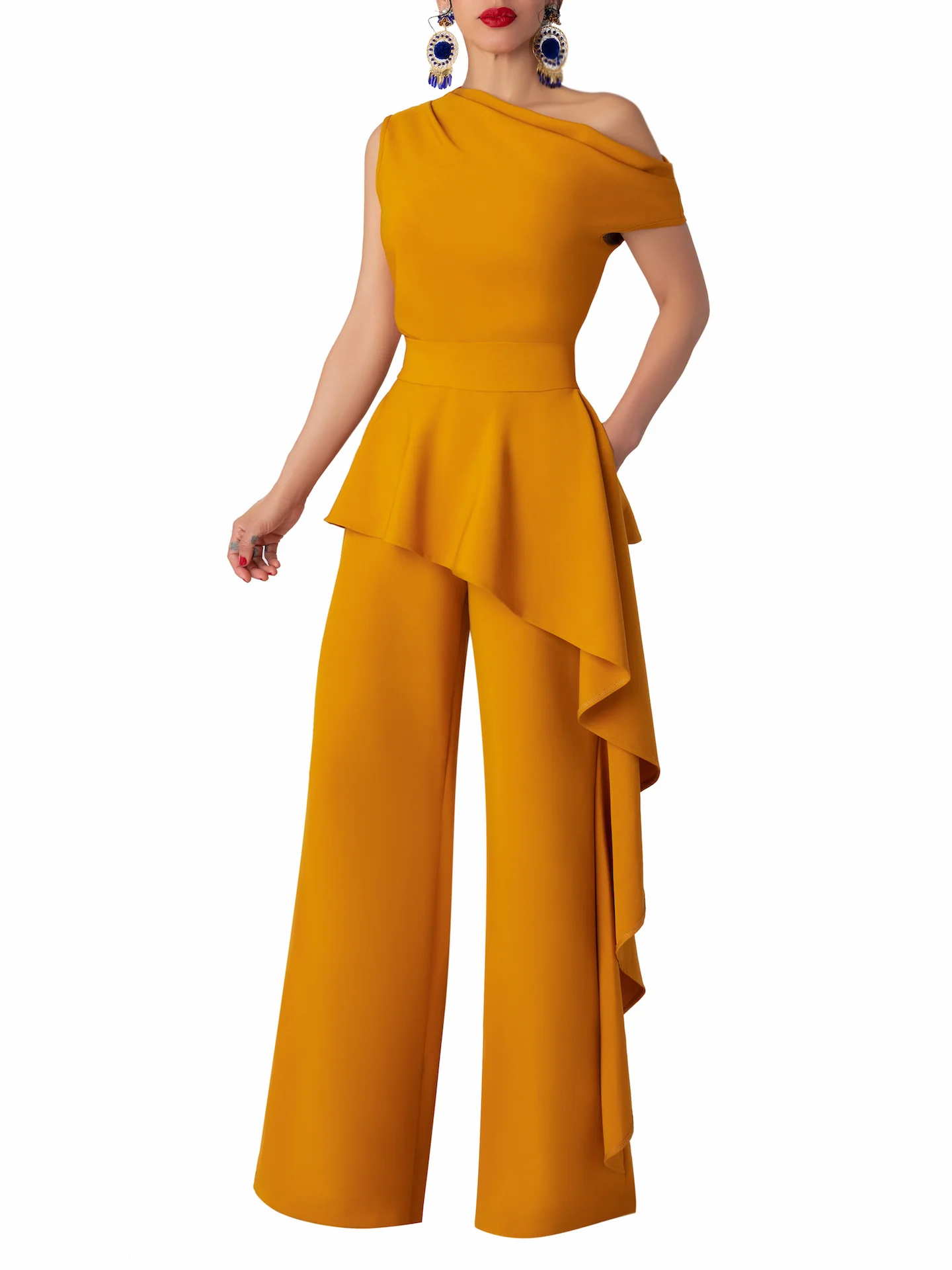 "Loquat" Mustard Off-Shoulder Flounce Jumpsuit - Image 5