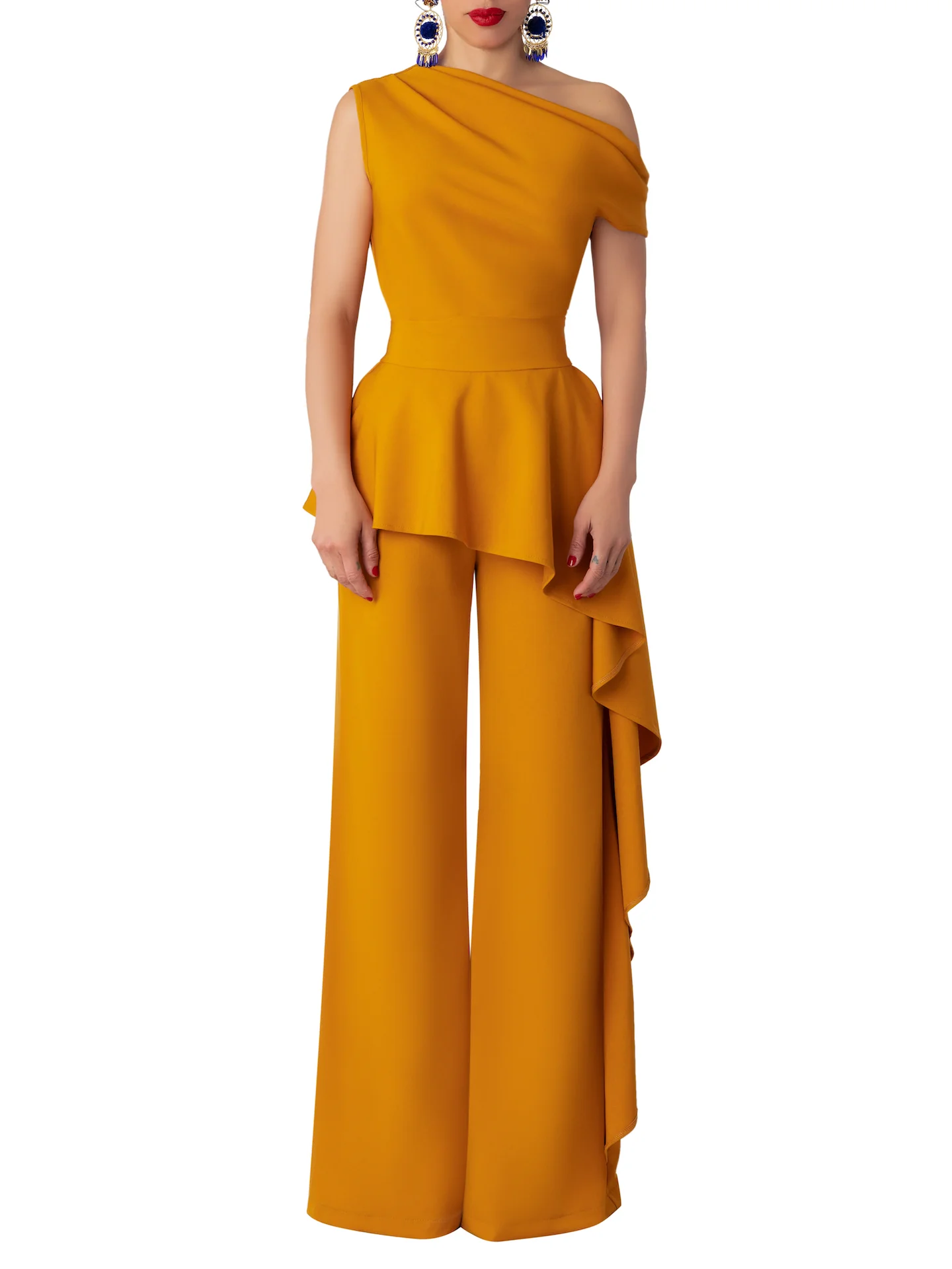 "Loquat" Mustard Off-Shoulder Flounce Jumpsuit - Image 6